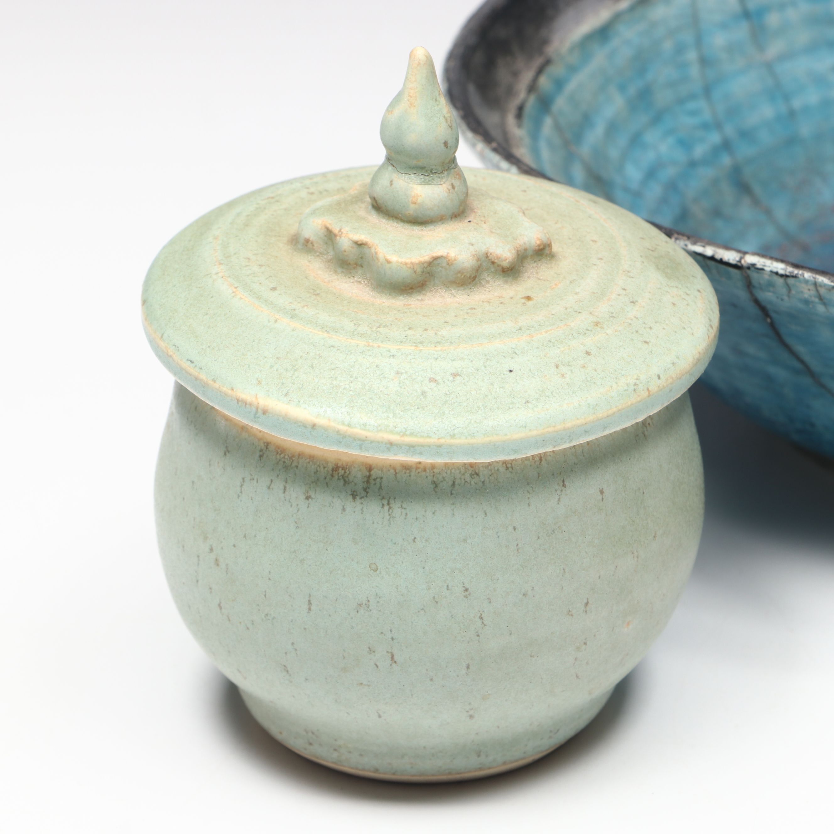 Rustic Italian Ceramic Basket with Other Studio Pottery Lidded Jars and Pitcher
