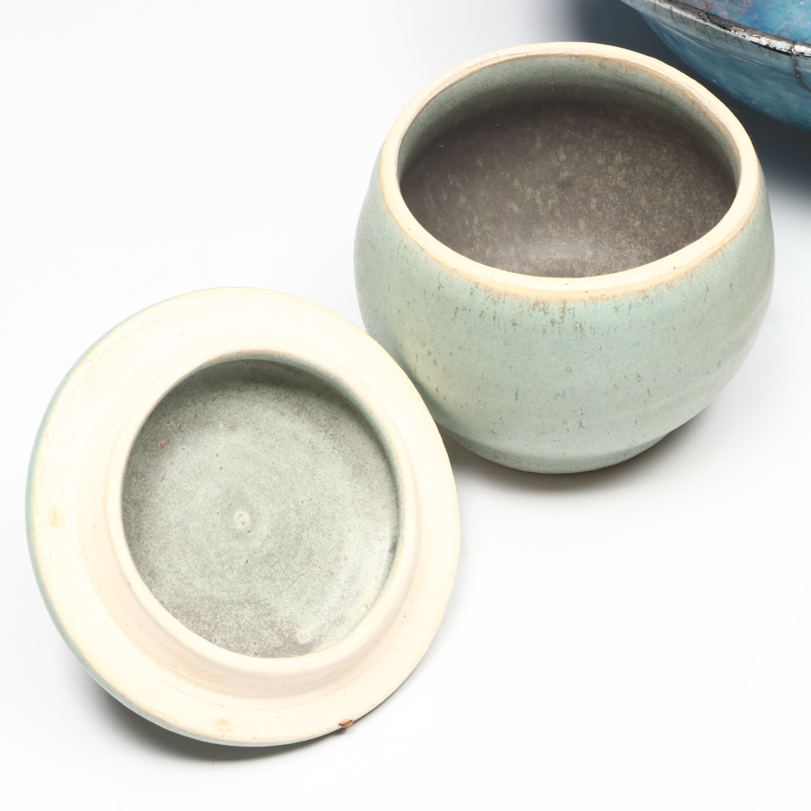 Rustic Italian Ceramic Basket with Other Studio Pottery Lidded Jars and Pitcher