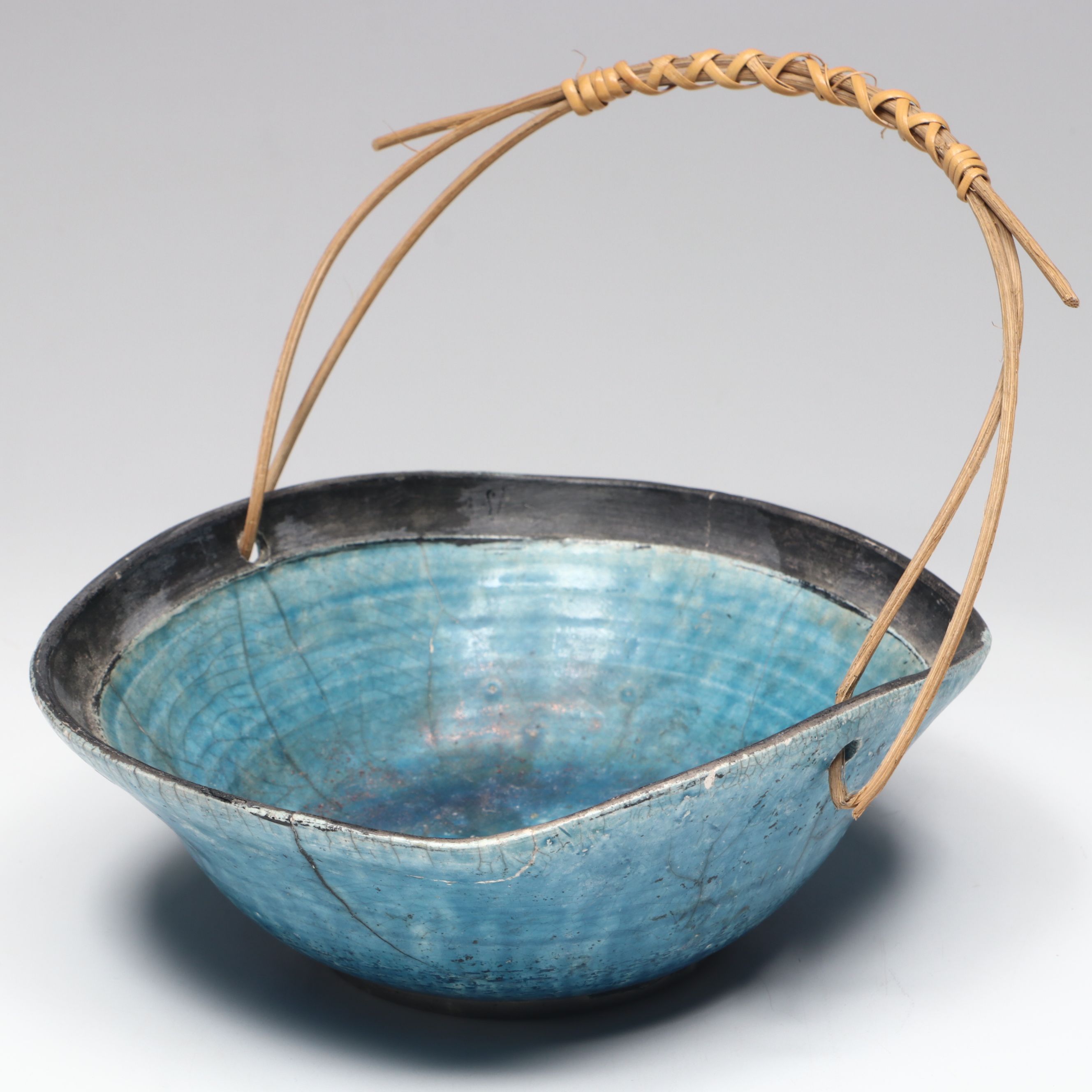 Rustic Italian Ceramic Basket with Other Studio Pottery Lidded Jars and Pitcher