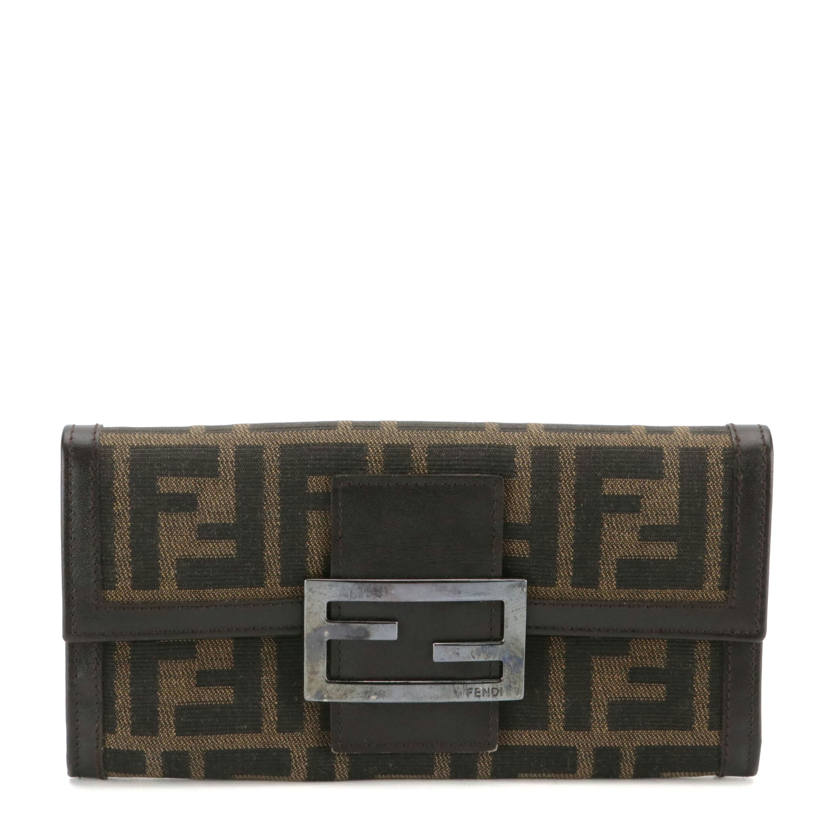 Fendi Continental Flap Wallet in Brown/Black Zucchino Canvas and Leather Trim