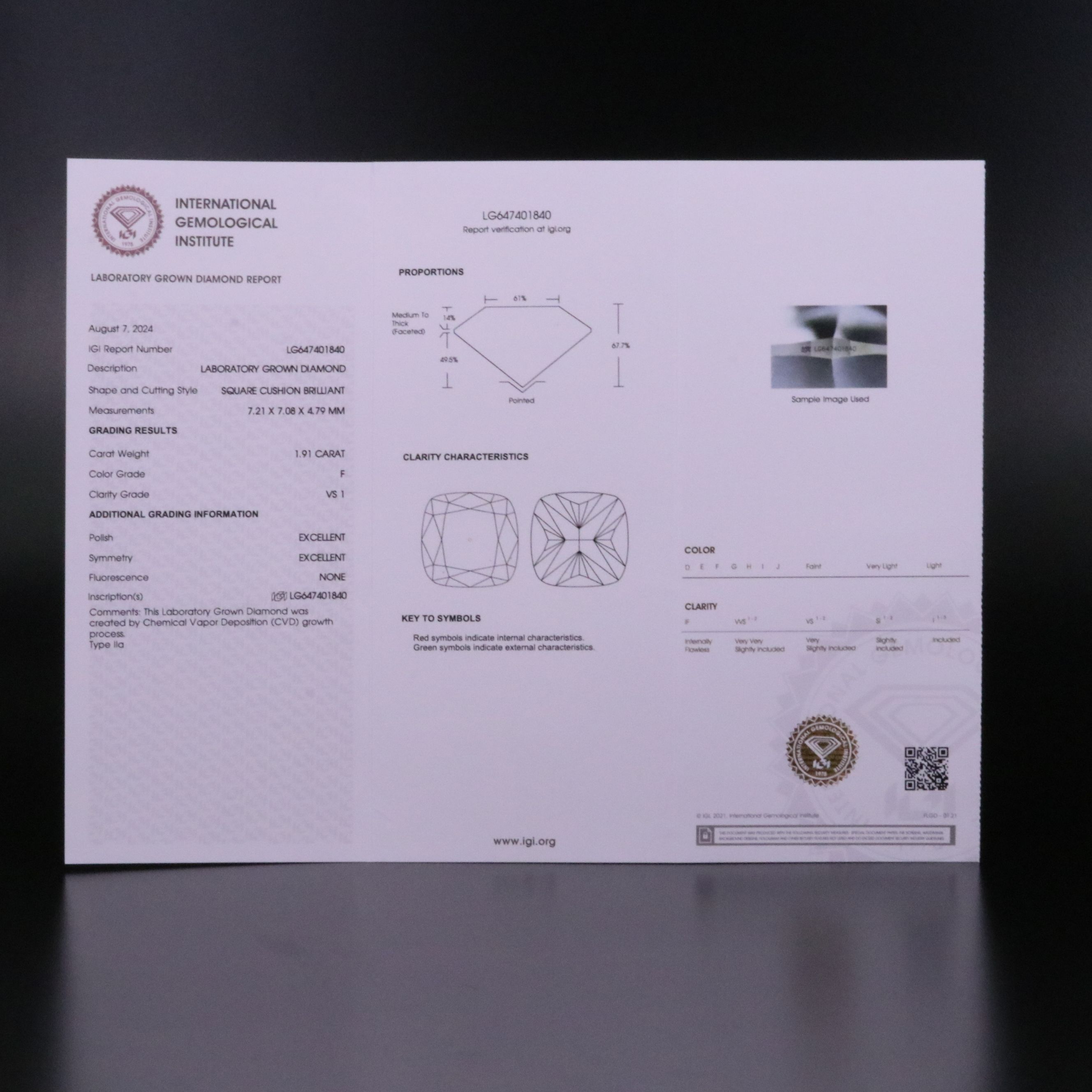 Loose 1.91 CT Lab Grown Diamond with IGI Report
