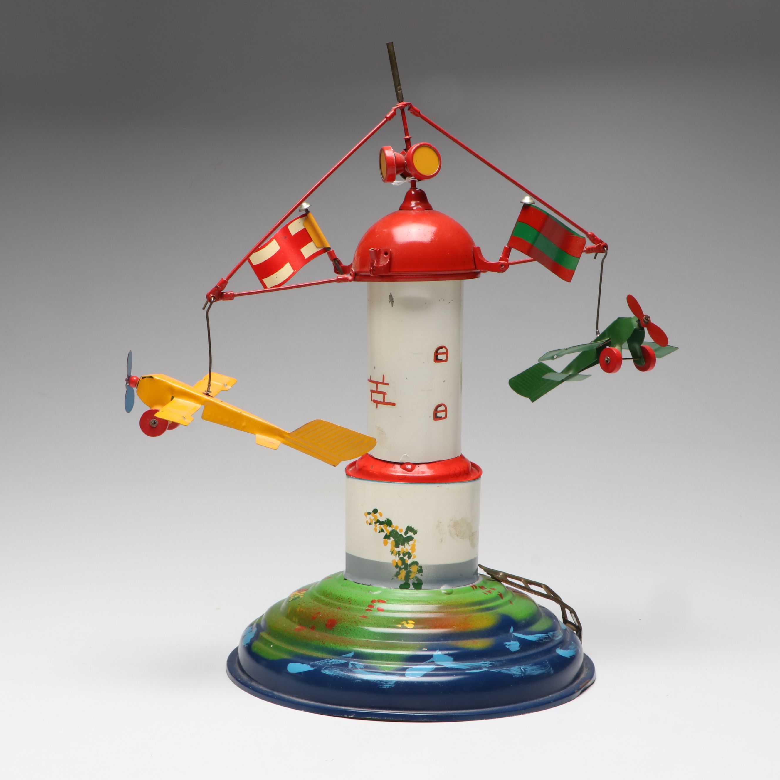 Tucher & Walther German Airplane and Tower Tin Lithograph Wind-up Toy