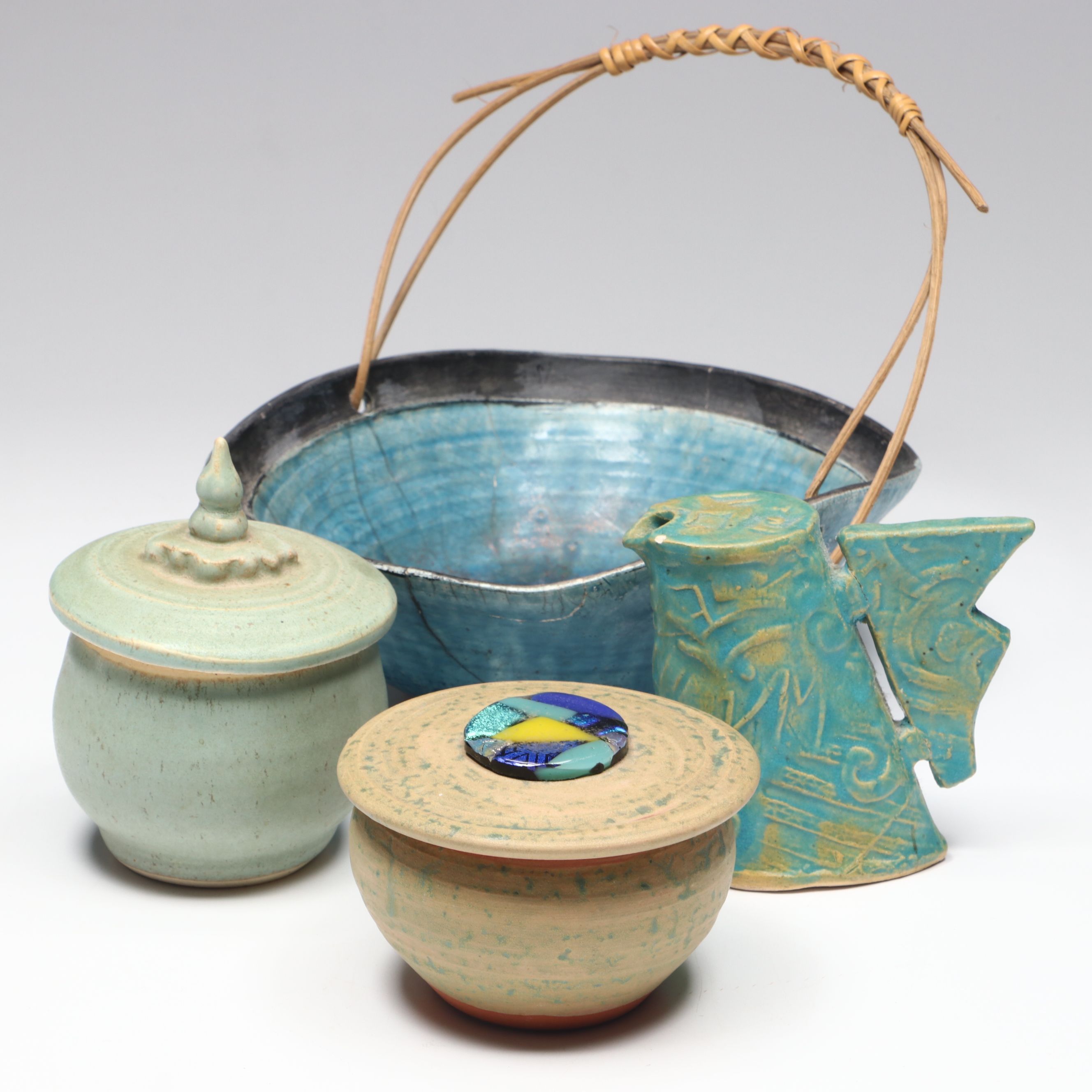 Rustic Italian Ceramic Basket with Other Studio Pottery Lidded Jars and Pitcher