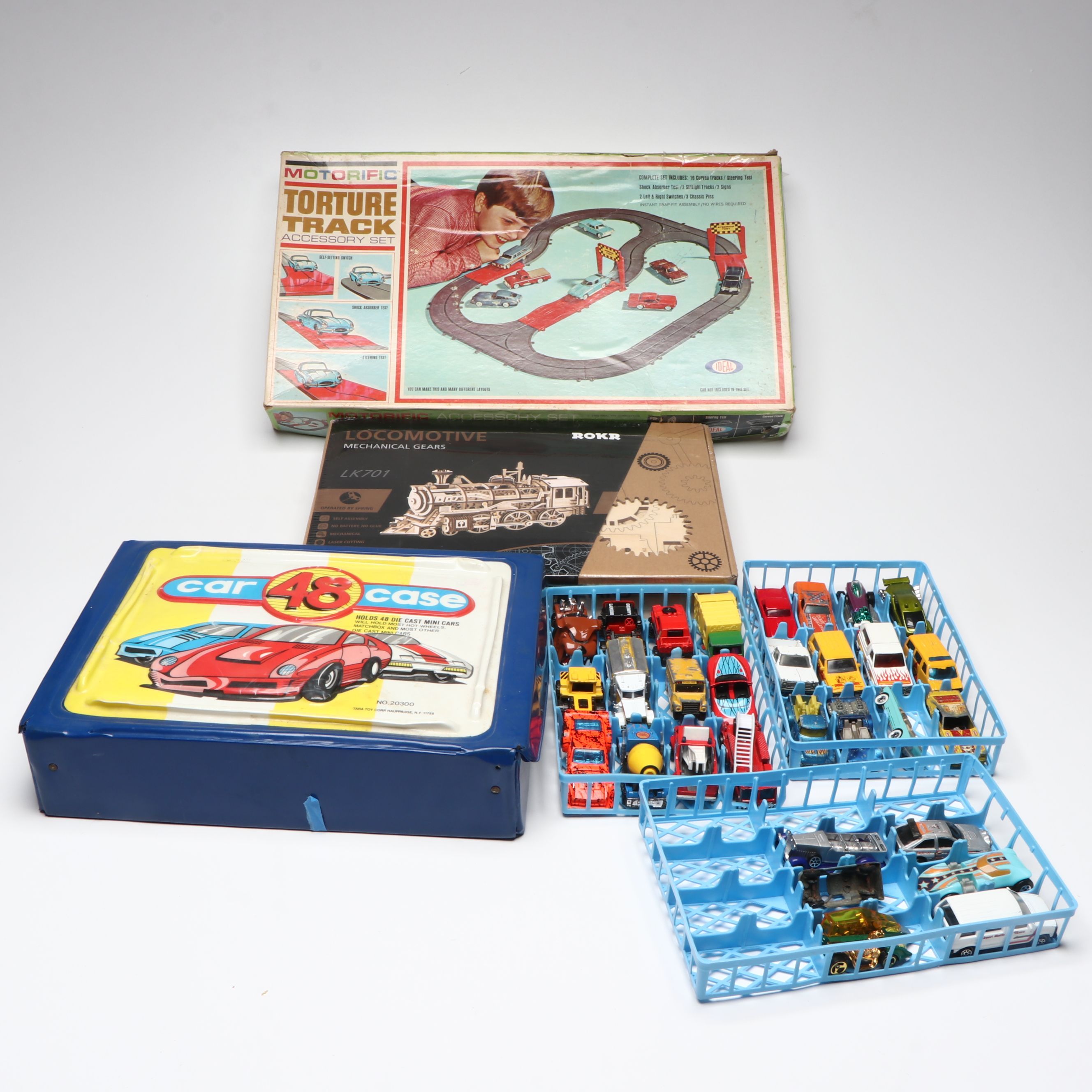 Ideal Track with Other Diecast Toy Cars, Case and Wood Locomotive Kit