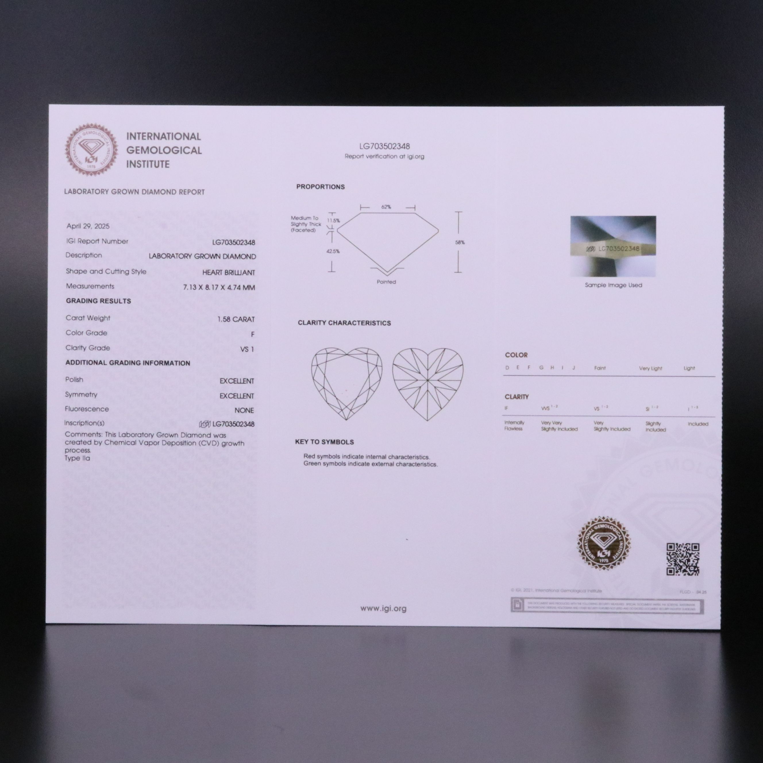 Loose 1.58 CT Lab Grown Diamond with IGI Report