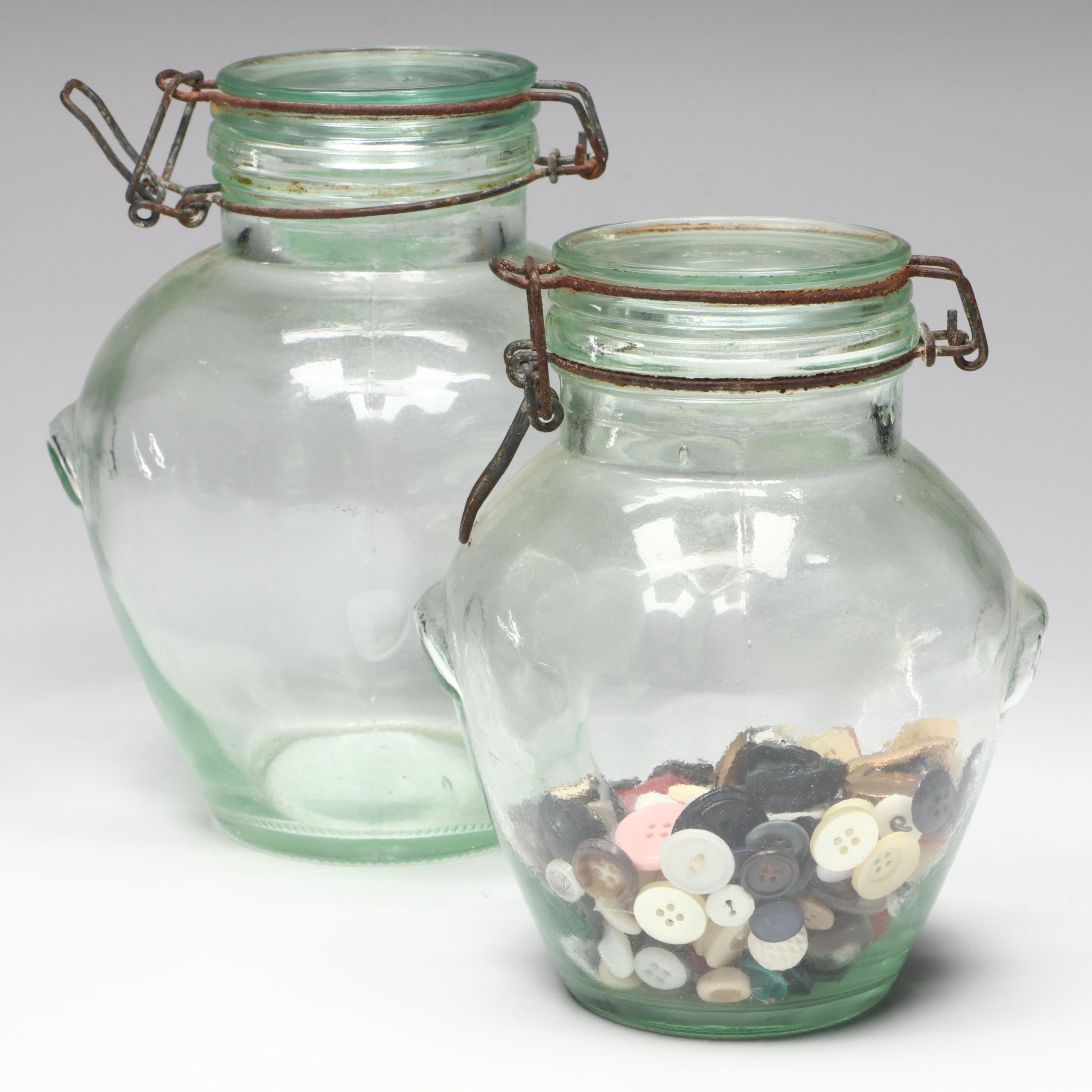 Rustic Italian Green Glass Hermetic Jars with Plastic Buttons