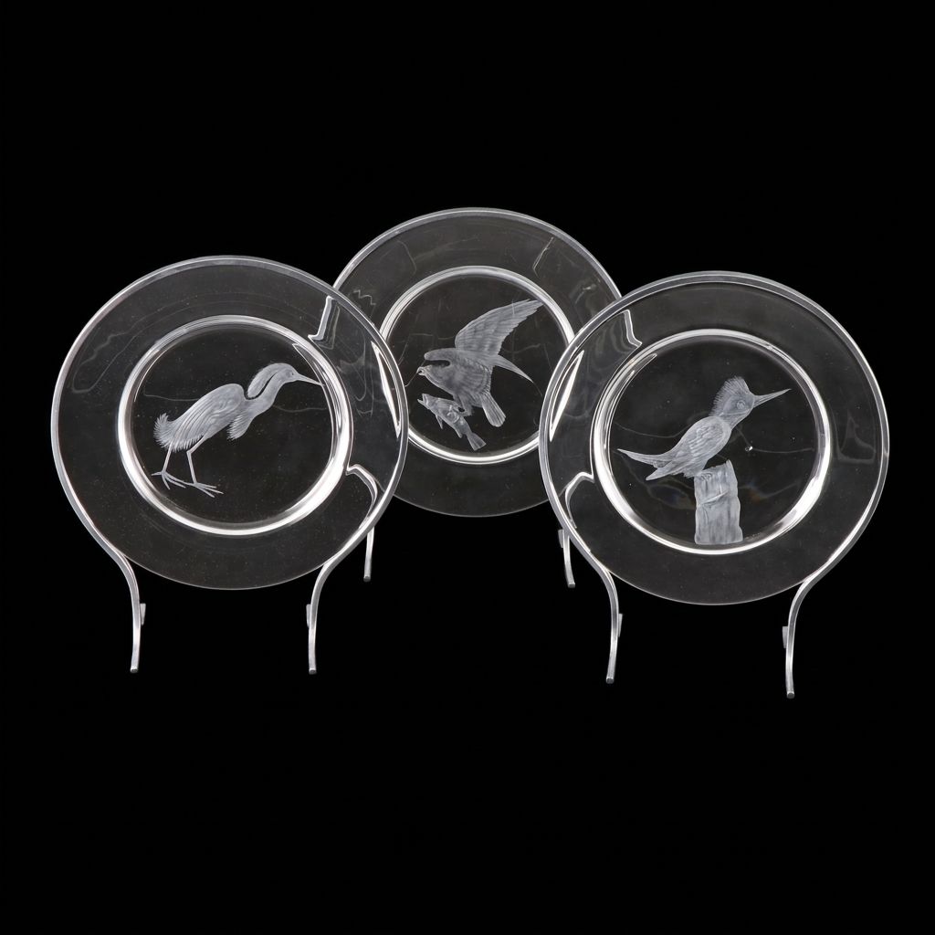 Steuben Glass "Audubon Birds" Etched Crystal Decorative Plates with Metal Stands
