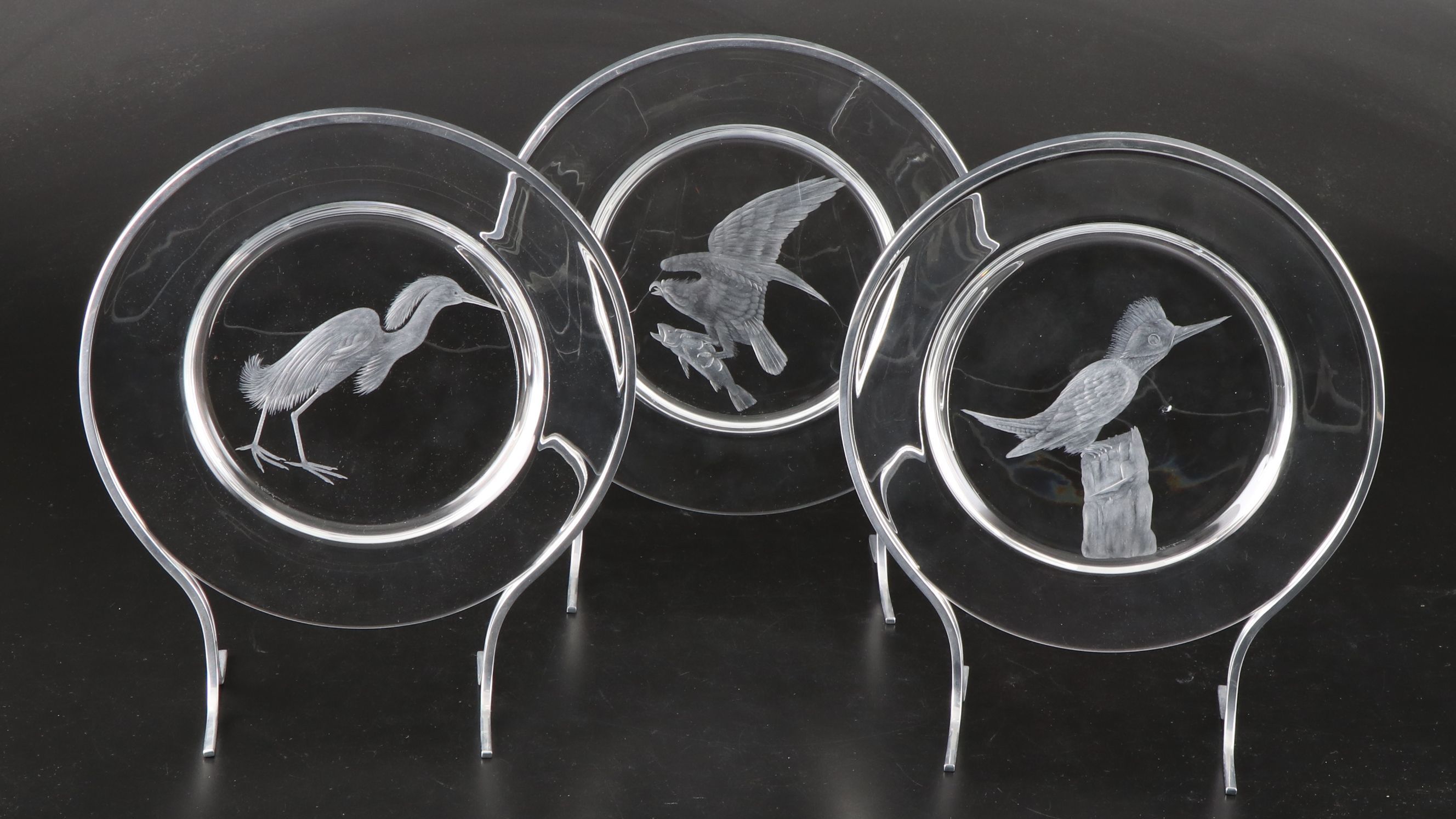 Steuben Glass "Audubon Birds" Etched Crystal Decorative Plates with Metal Stands