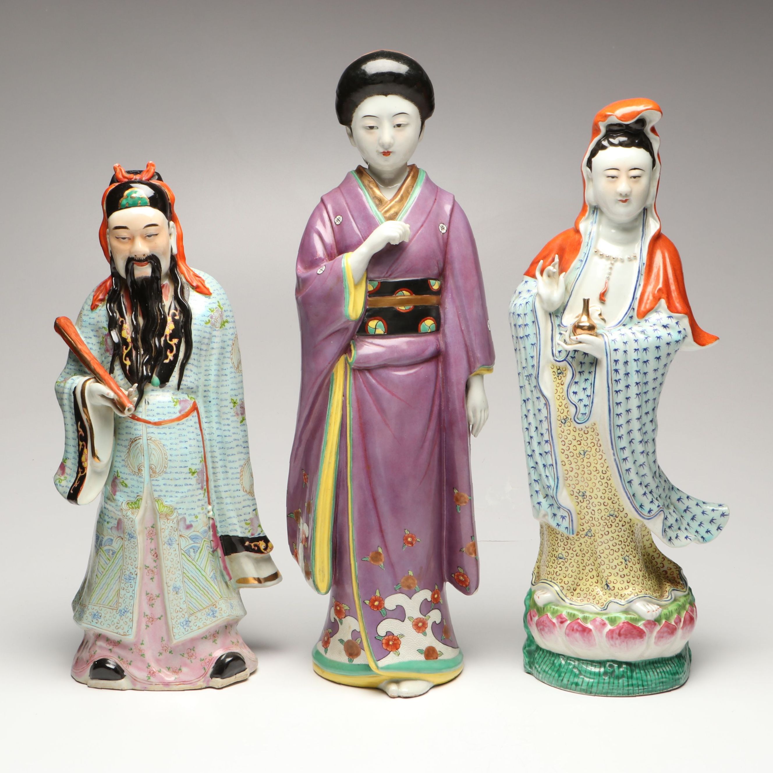 Chinese Famille Rose Guanyin and Fu Xing with Japanese Woman Figurine