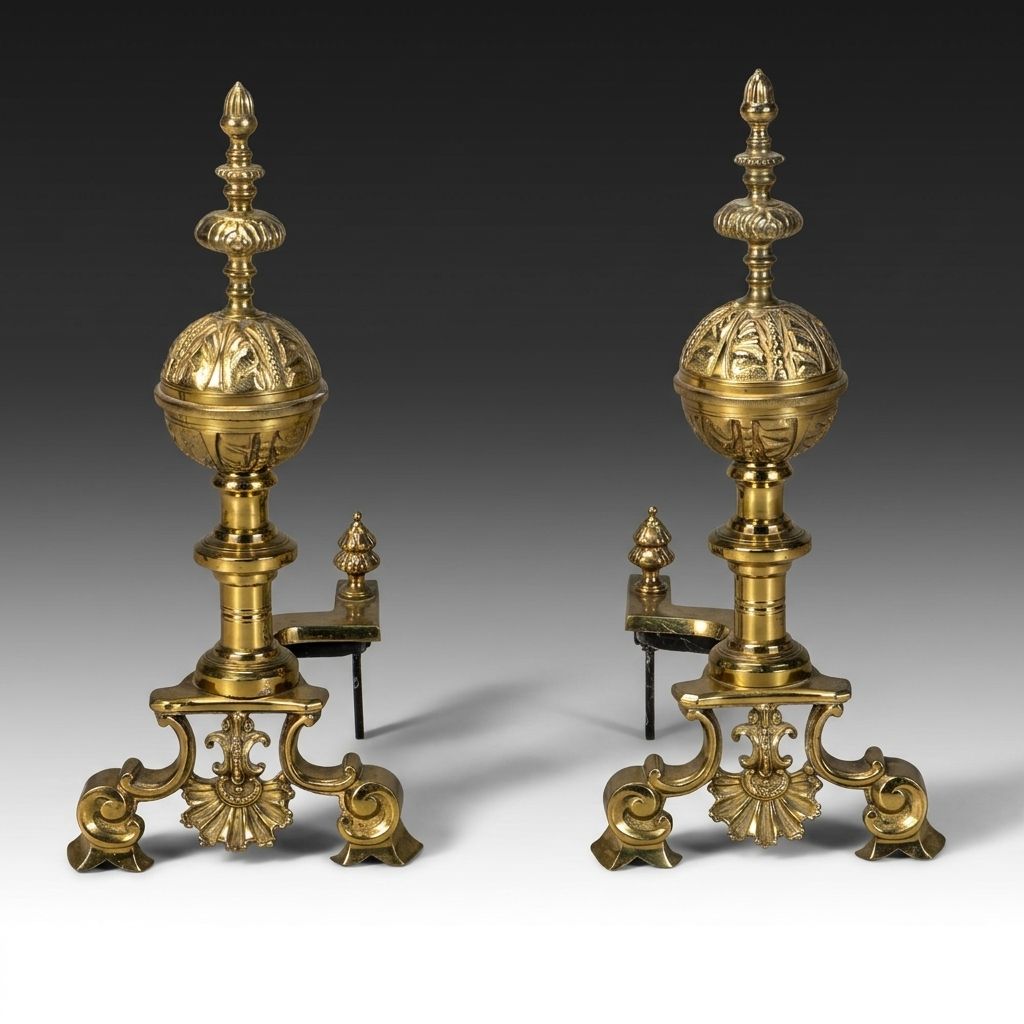 French Style Ornate Brass and Cast Iron Andirons
