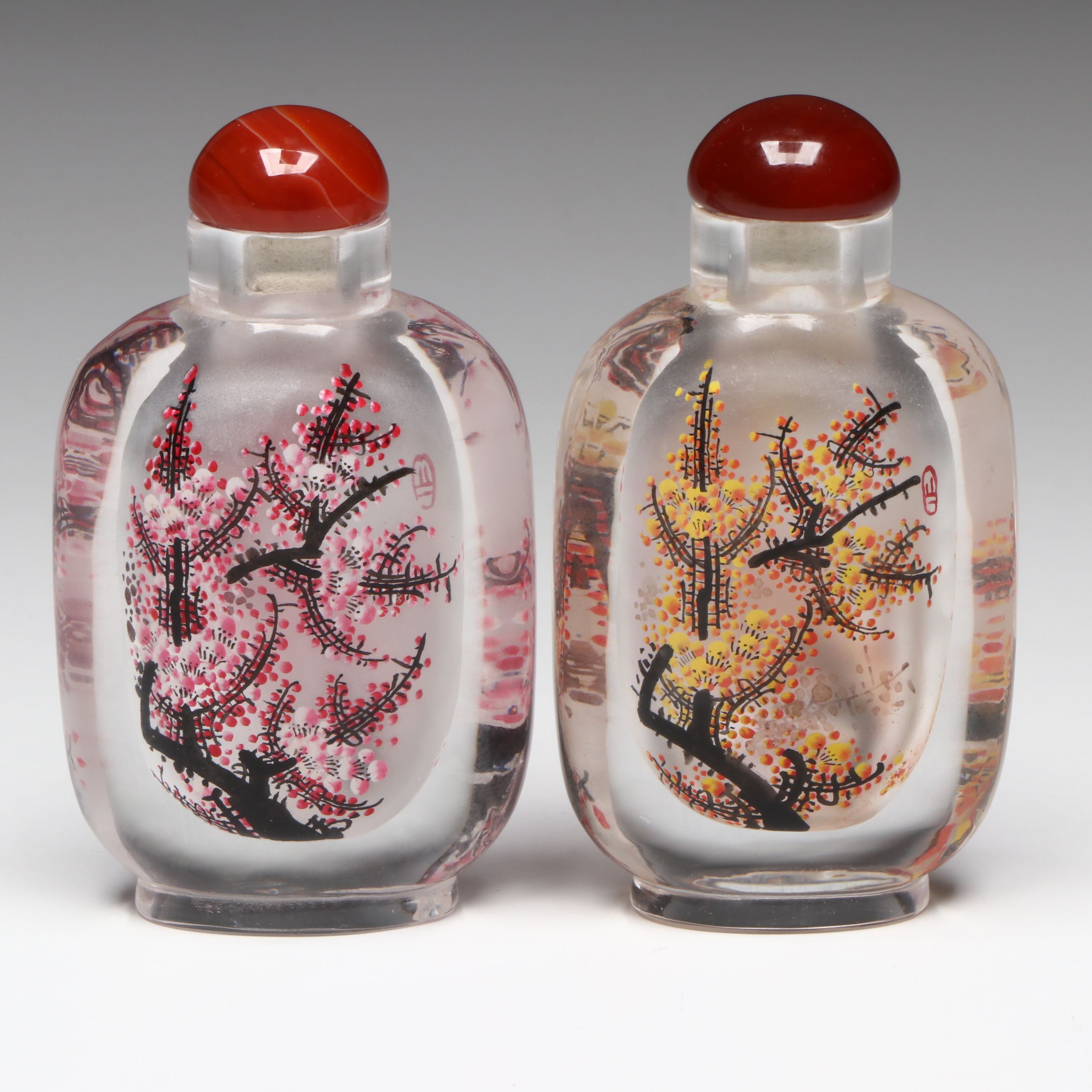 Chinese Reverse Painted Flowering Tree Snuff Bottles with Stone Stopper