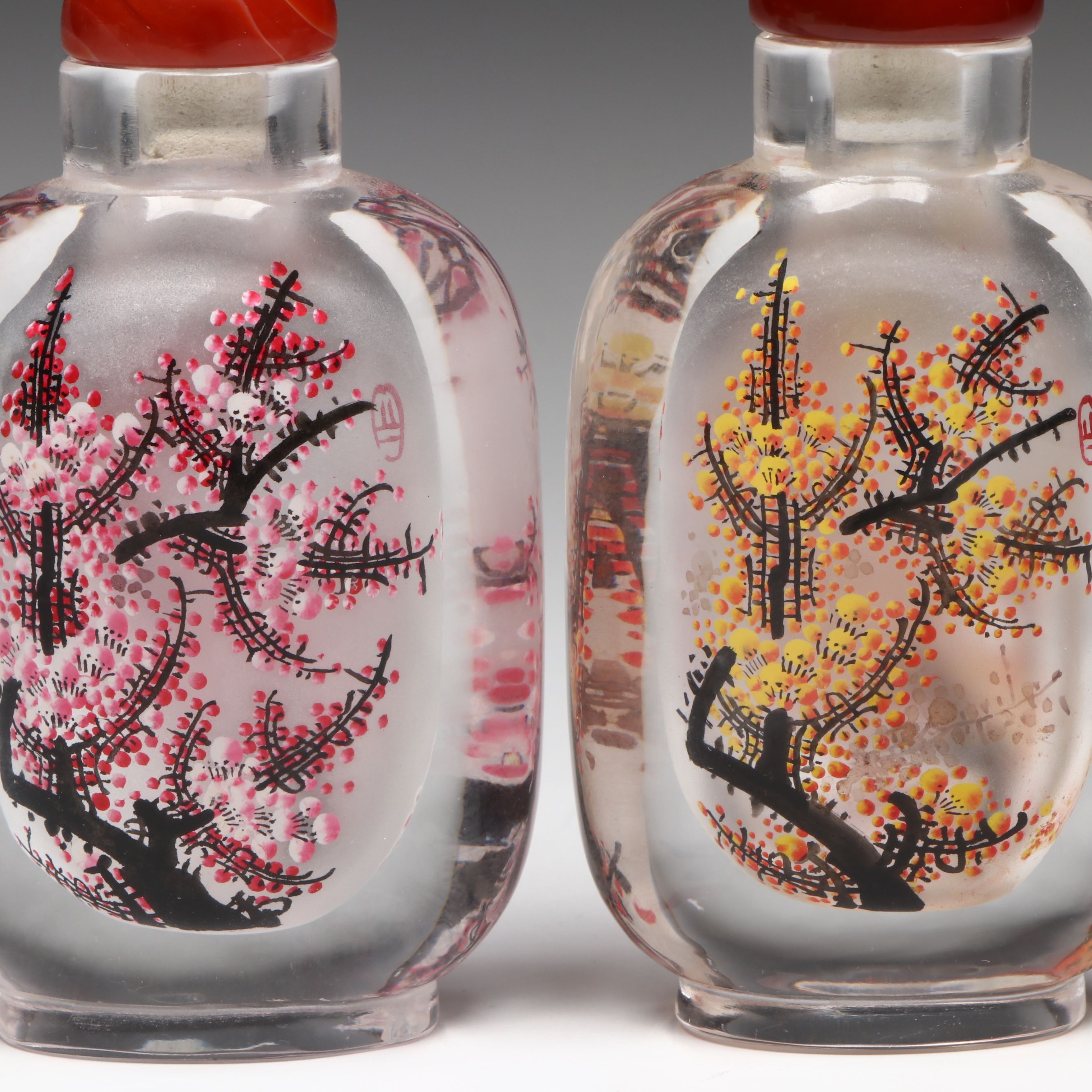 Chinese Reverse Painted Flowering Tree Snuff Bottles with Stone Stopper