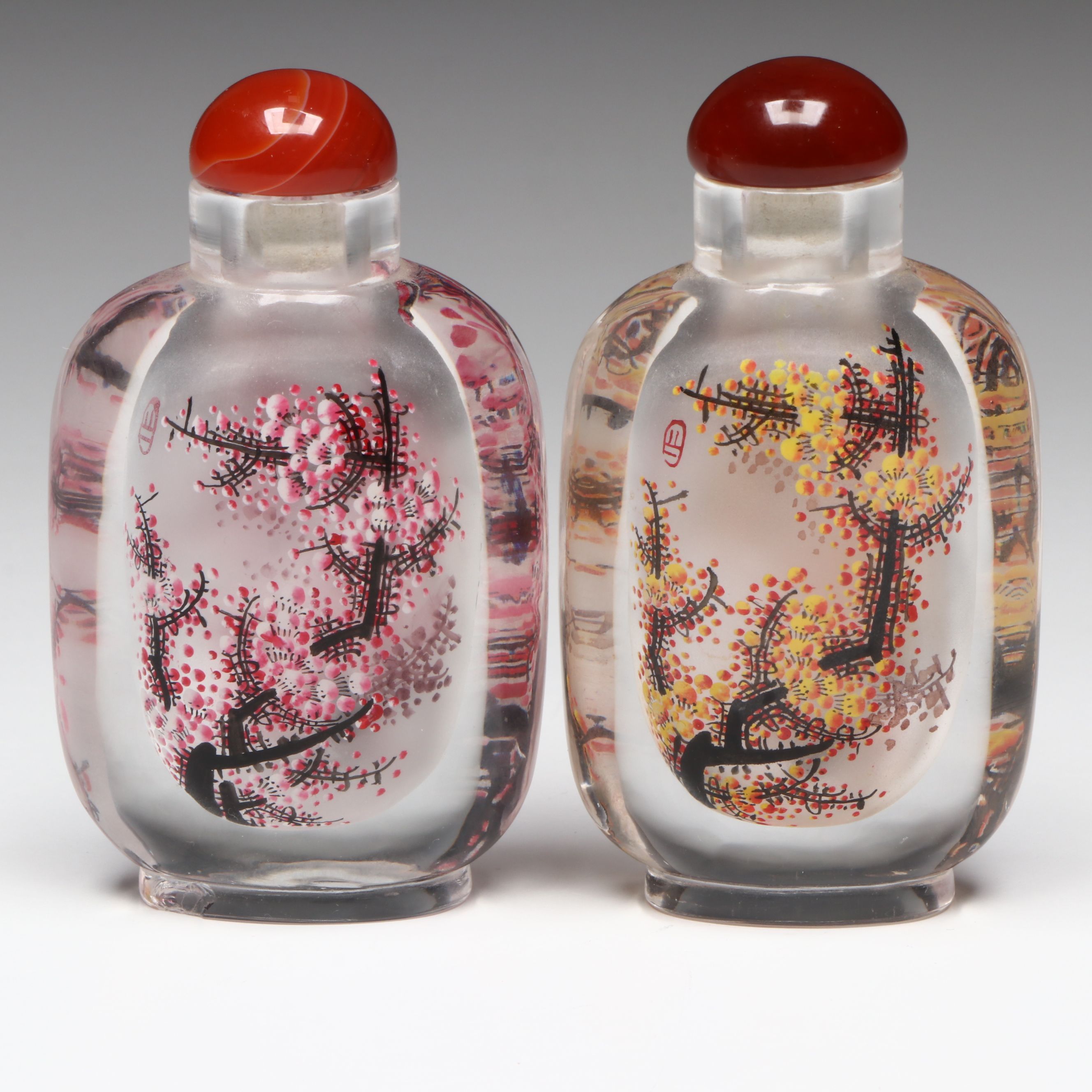 Chinese Reverse Painted Flowering Tree Snuff Bottles with Stone Stopper