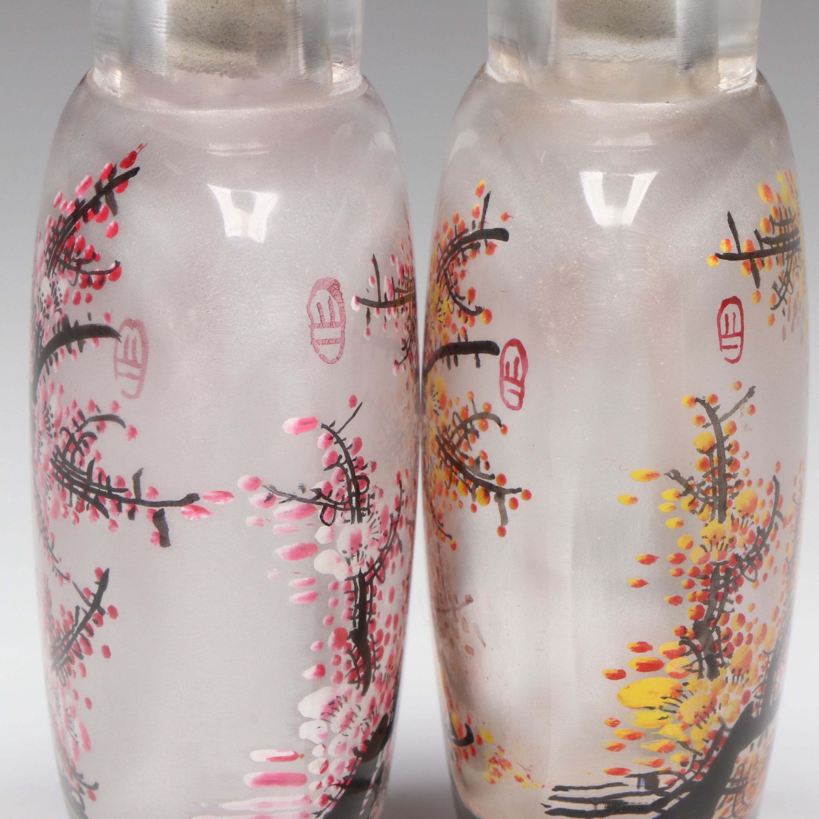 Chinese Reverse Painted Flowering Tree Snuff Bottles with Stone Stopper