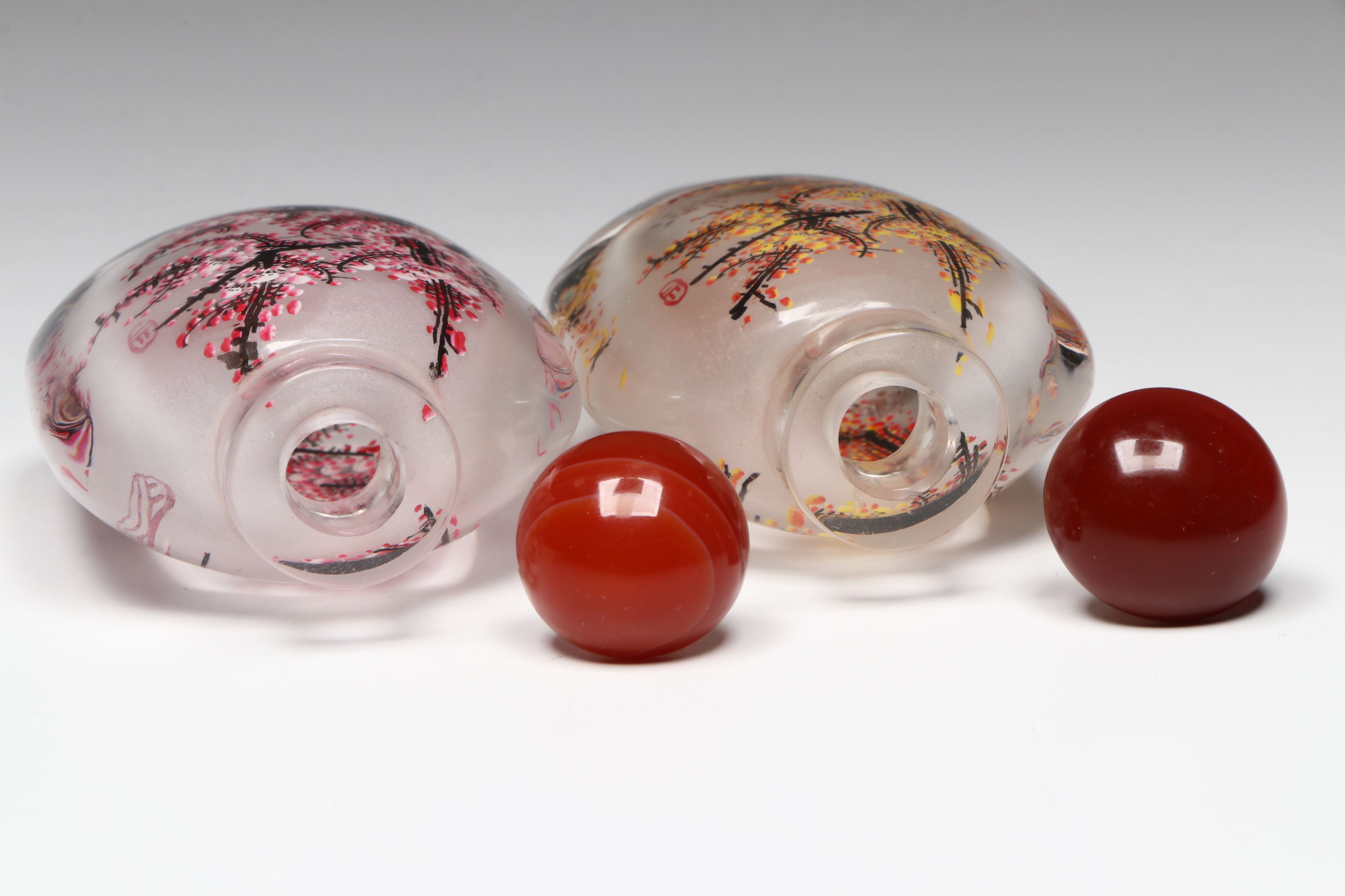 Chinese Reverse Painted Flowering Tree Snuff Bottles with Stone Stopper