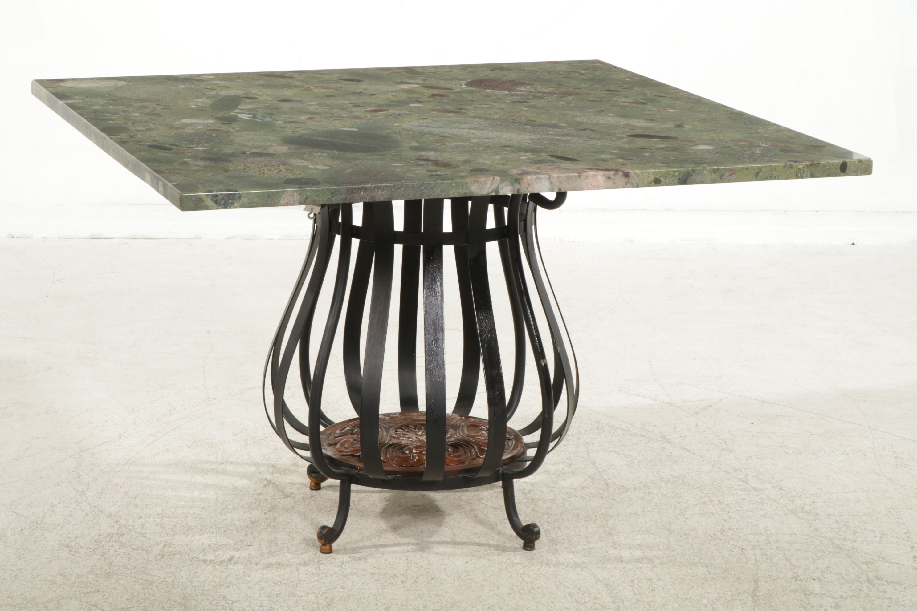 Metal Dining Table with Twister Green Granite Top and Four Metal Mesh Chairs
