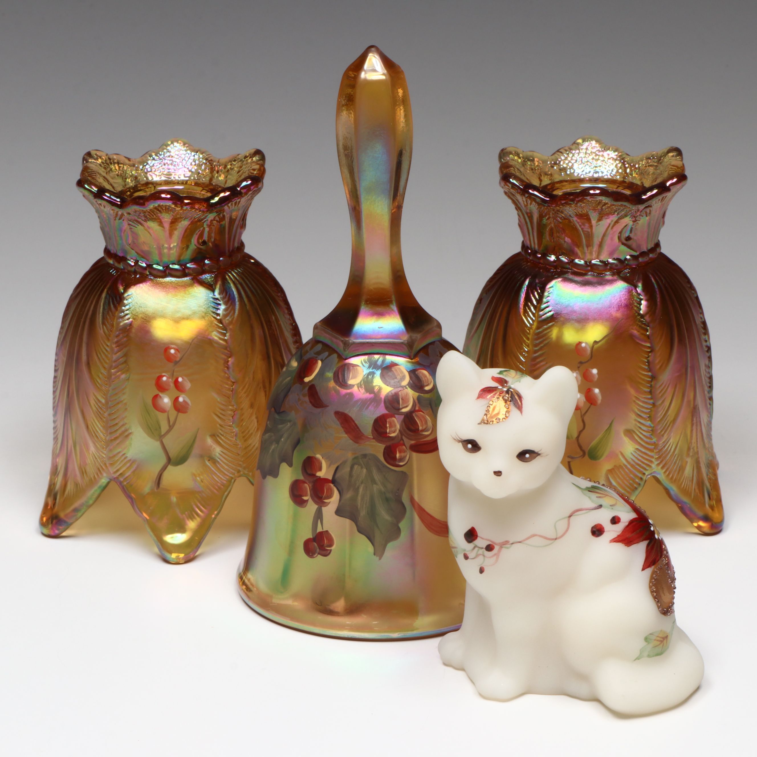 Fenton Hand-Painted Autumn Gold Tulip Votives and Bell with Satin Glass Cat