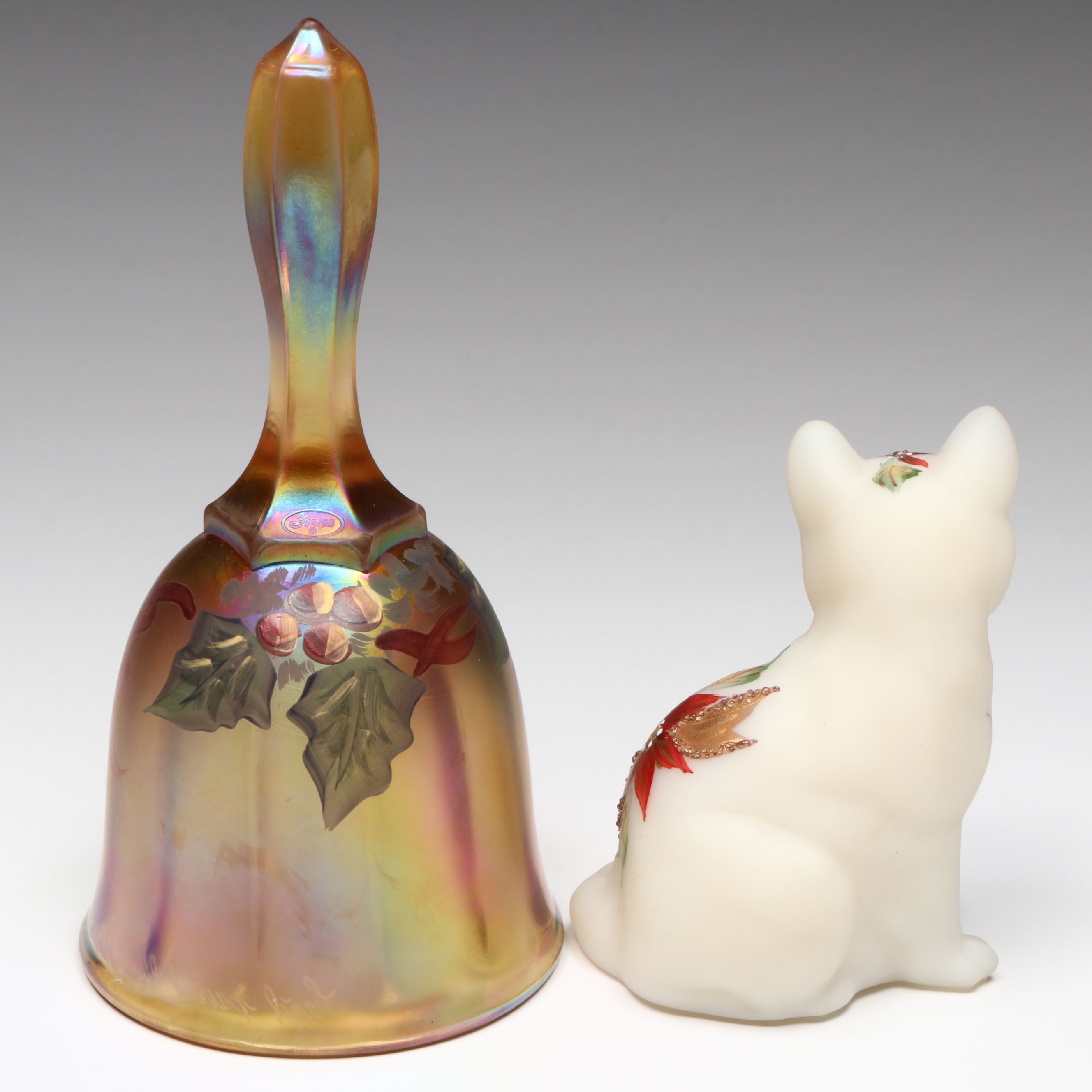 Fenton Hand-Painted Autumn Gold Tulip Votives and Bell with Satin Glass Cat