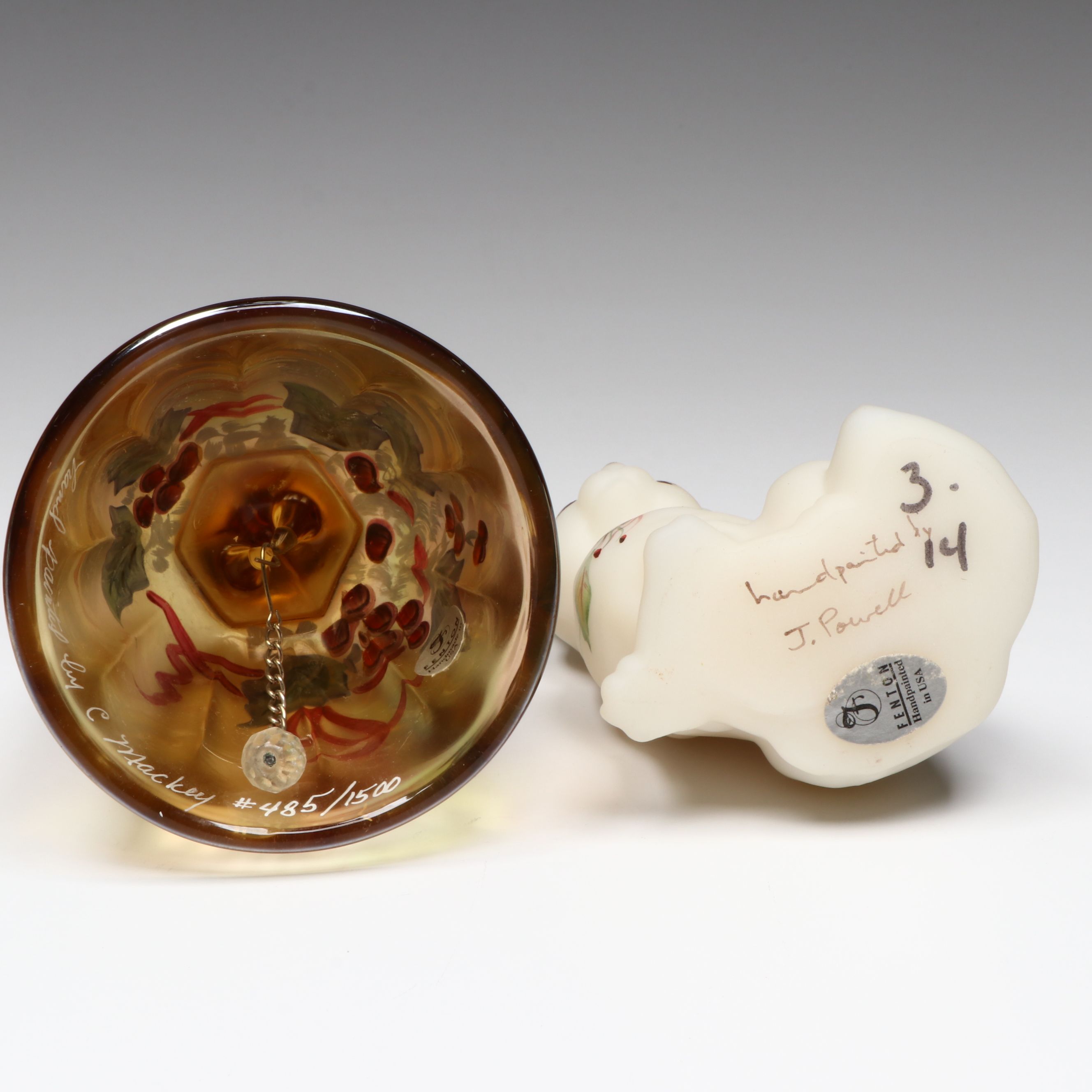 Fenton Hand-Painted Autumn Gold Tulip Votives and Bell with Satin Glass Cat