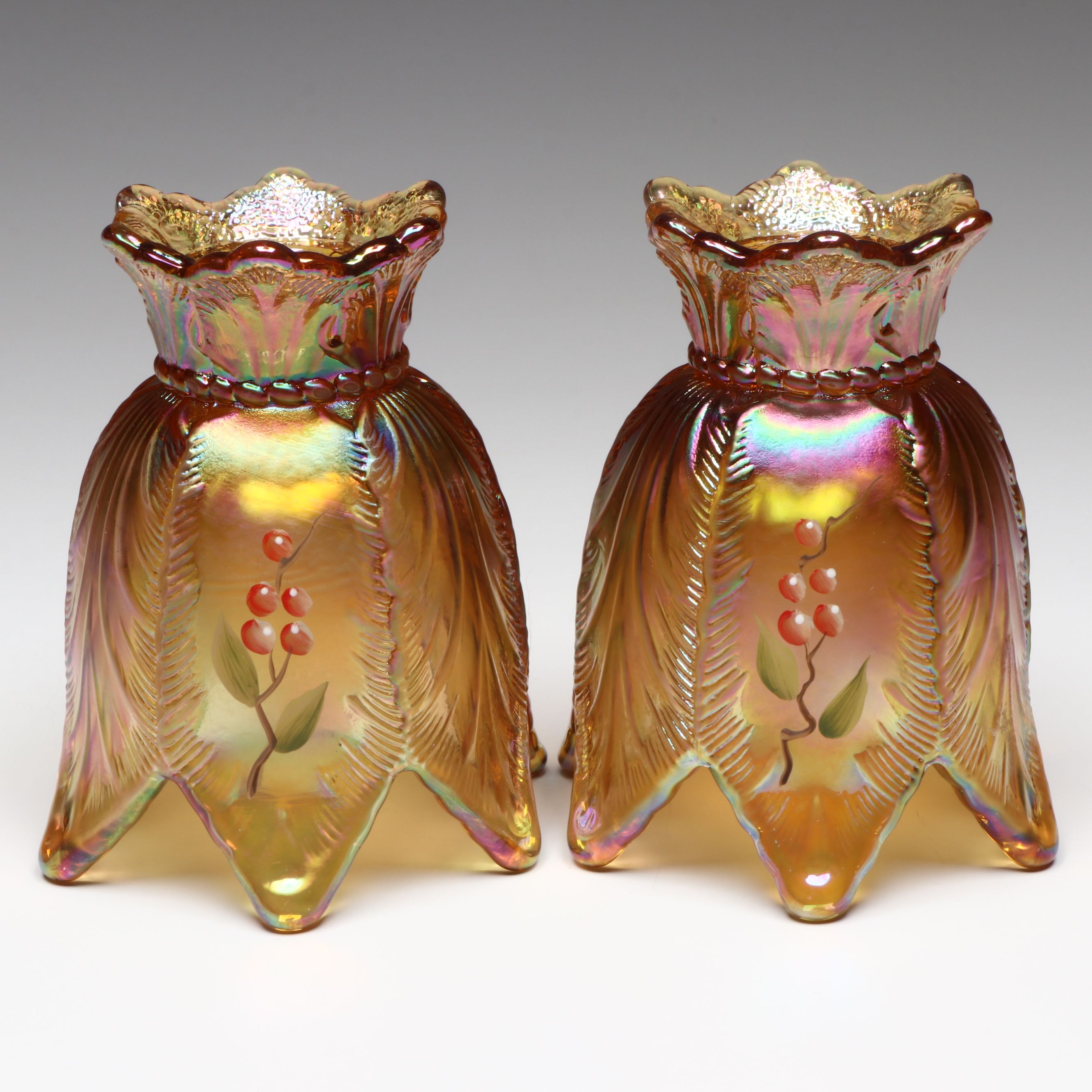 Fenton Hand-Painted Autumn Gold Tulip Votives and Bell with Satin Glass Cat