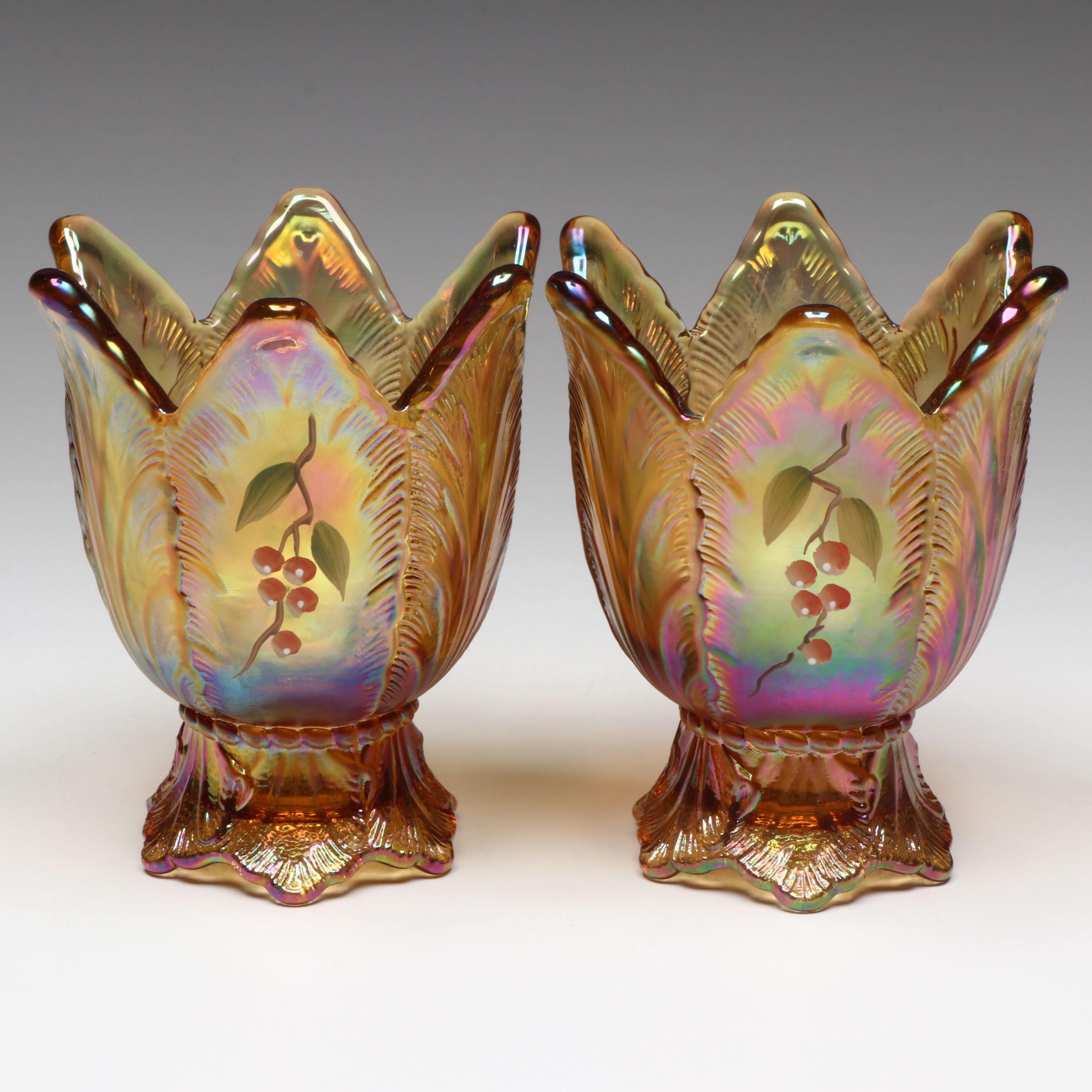 Fenton Hand-Painted Autumn Gold Tulip Votives and Bell with Satin Glass Cat