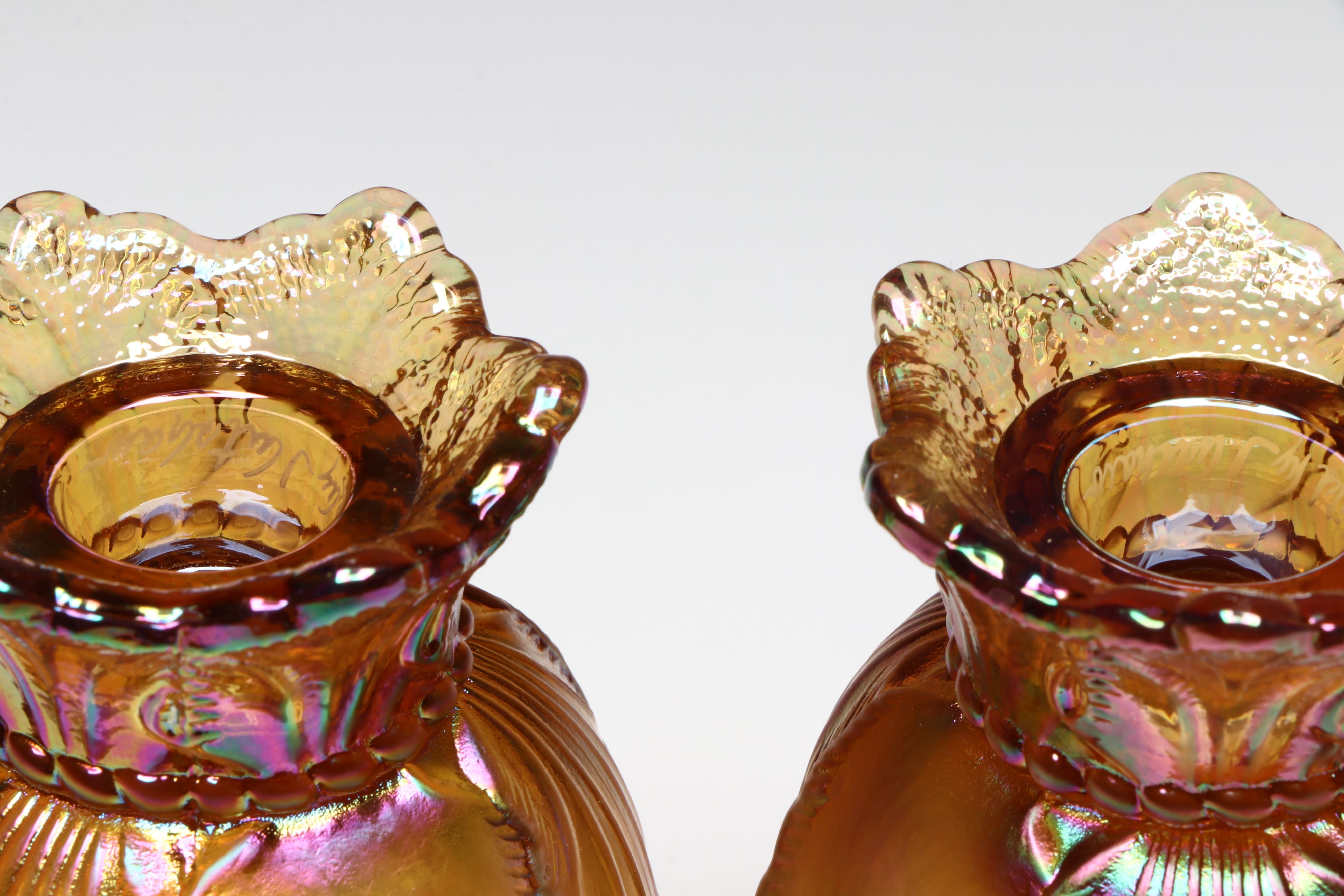 Fenton Hand-Painted Autumn Gold Tulip Votives and Bell with Satin Glass Cat