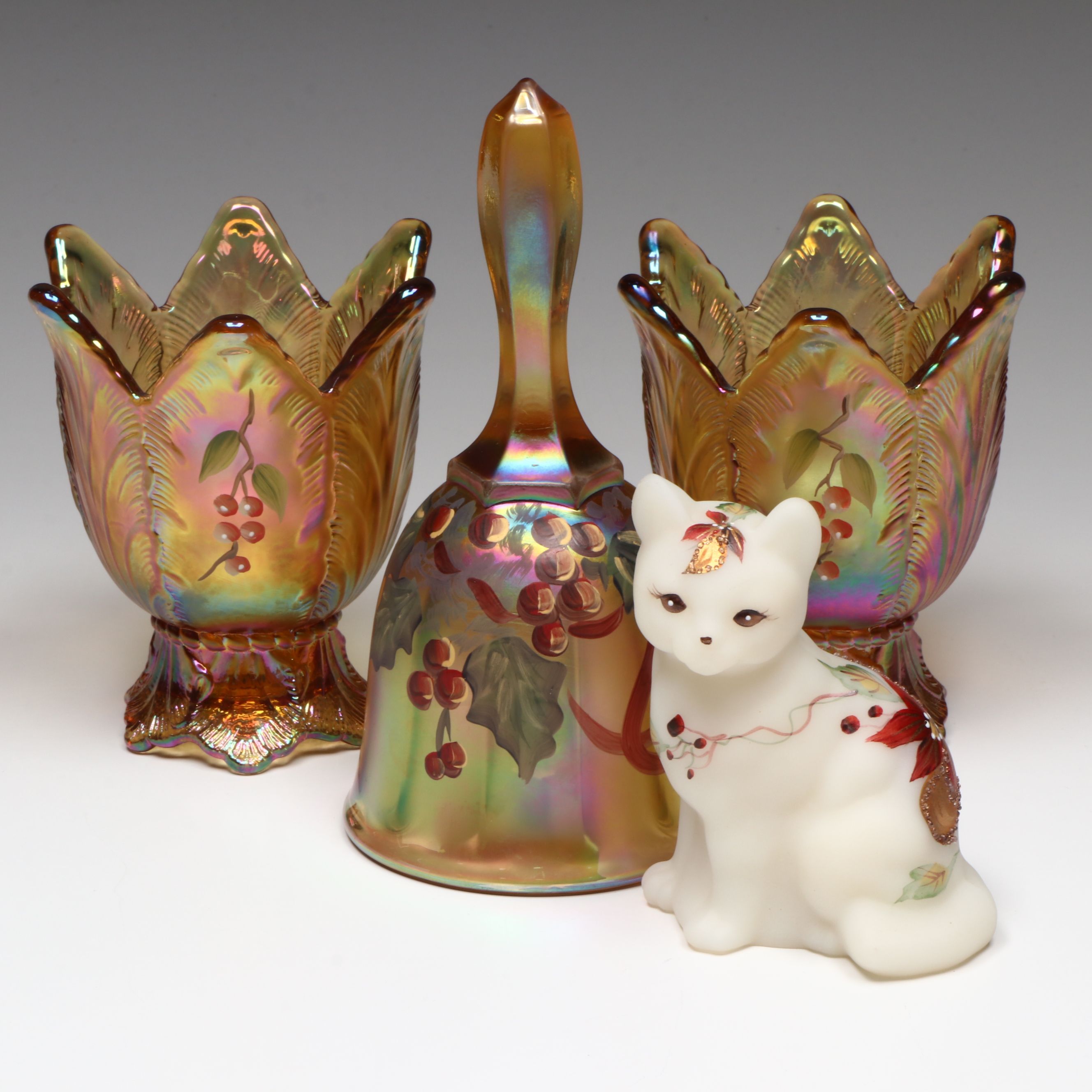 Fenton Hand-Painted Autumn Gold Tulip Votives and Bell with Satin Glass Cat