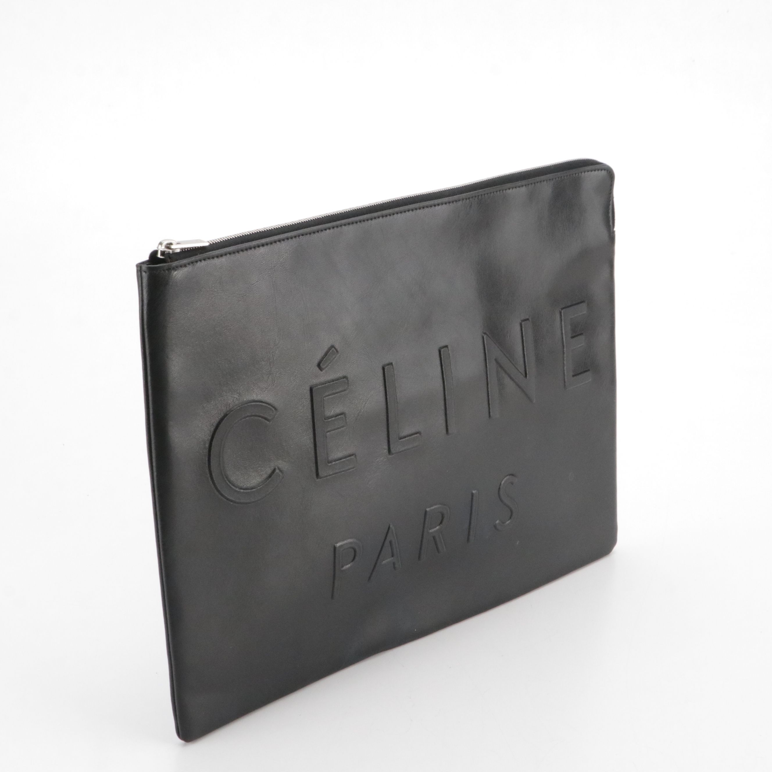 Céline Signature Embossed Black Leather Zip Clutch