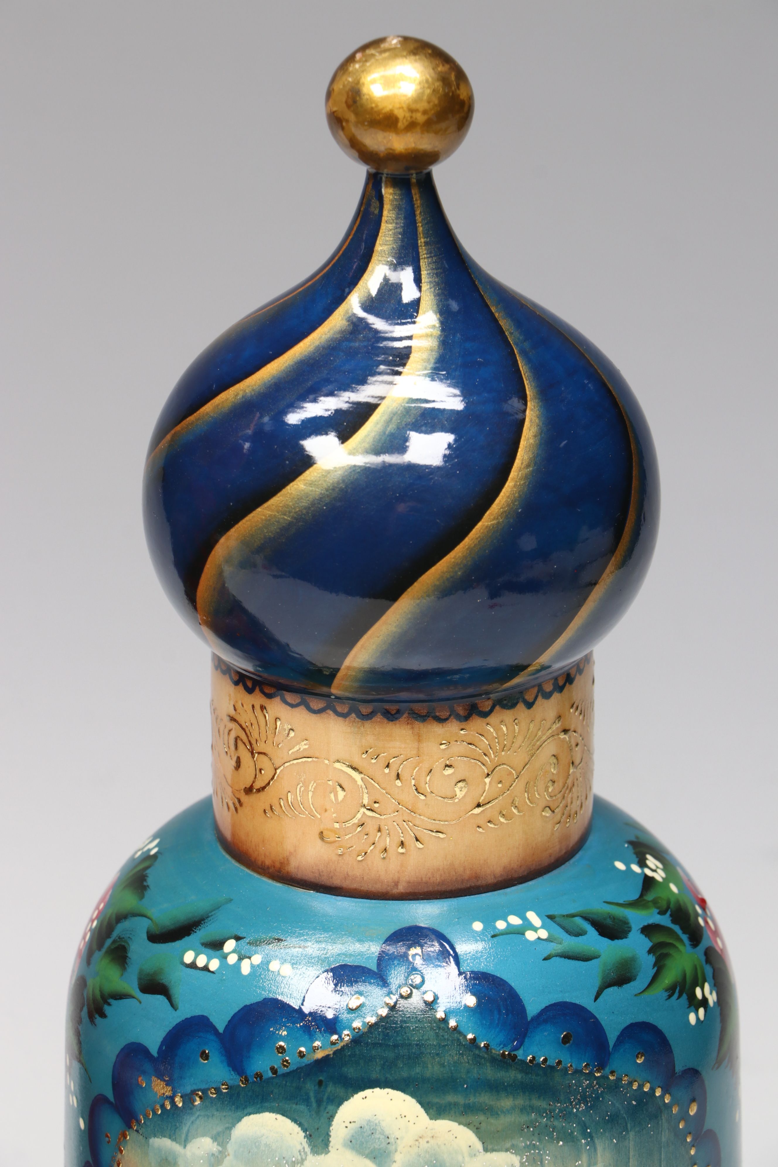 Russian Hand-Painted Folk Art Rooster Wood Bottle Holder with Decorative Bottle