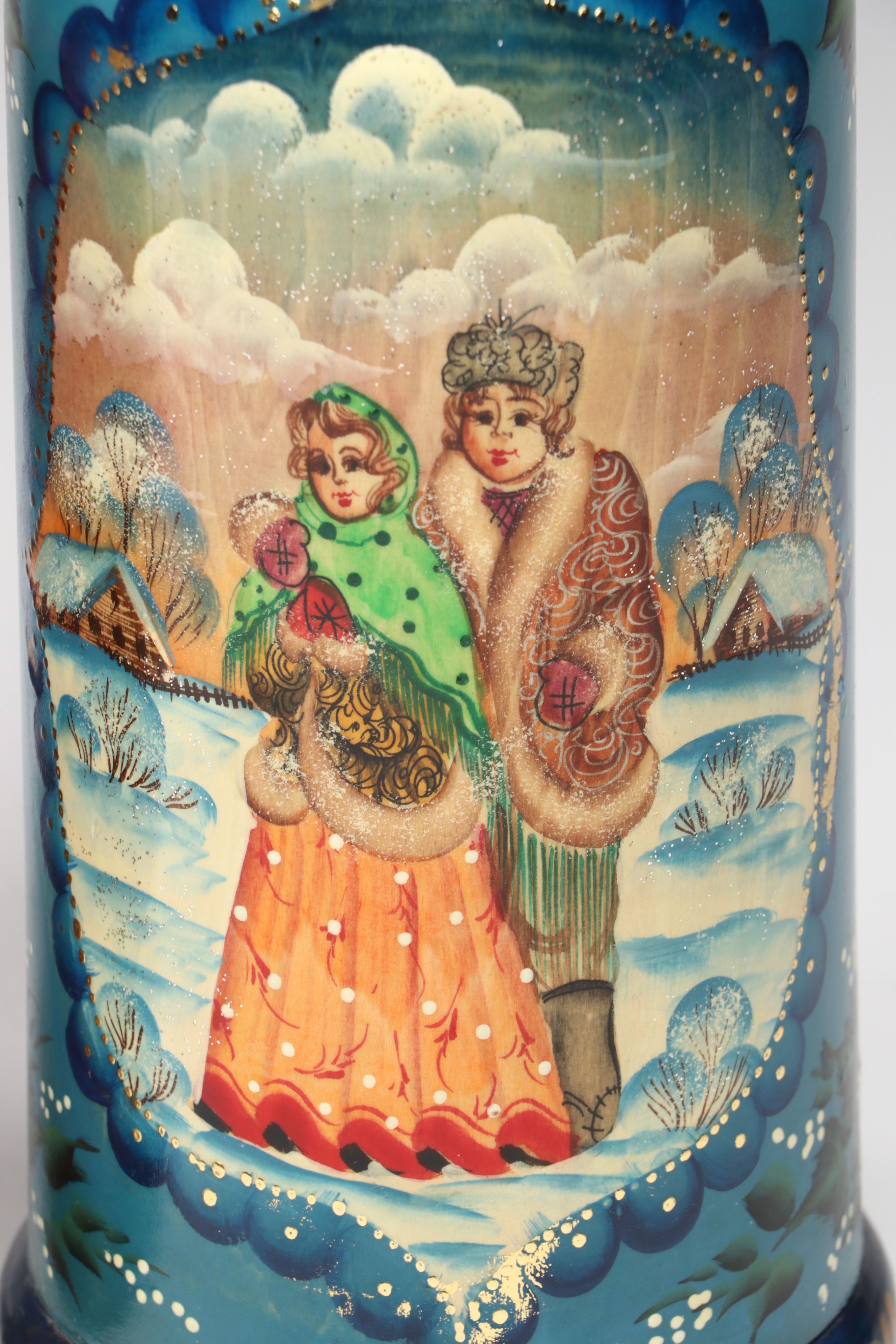 Russian Hand-Painted Folk Art Rooster Wood Bottle Holder with Decorative Bottle