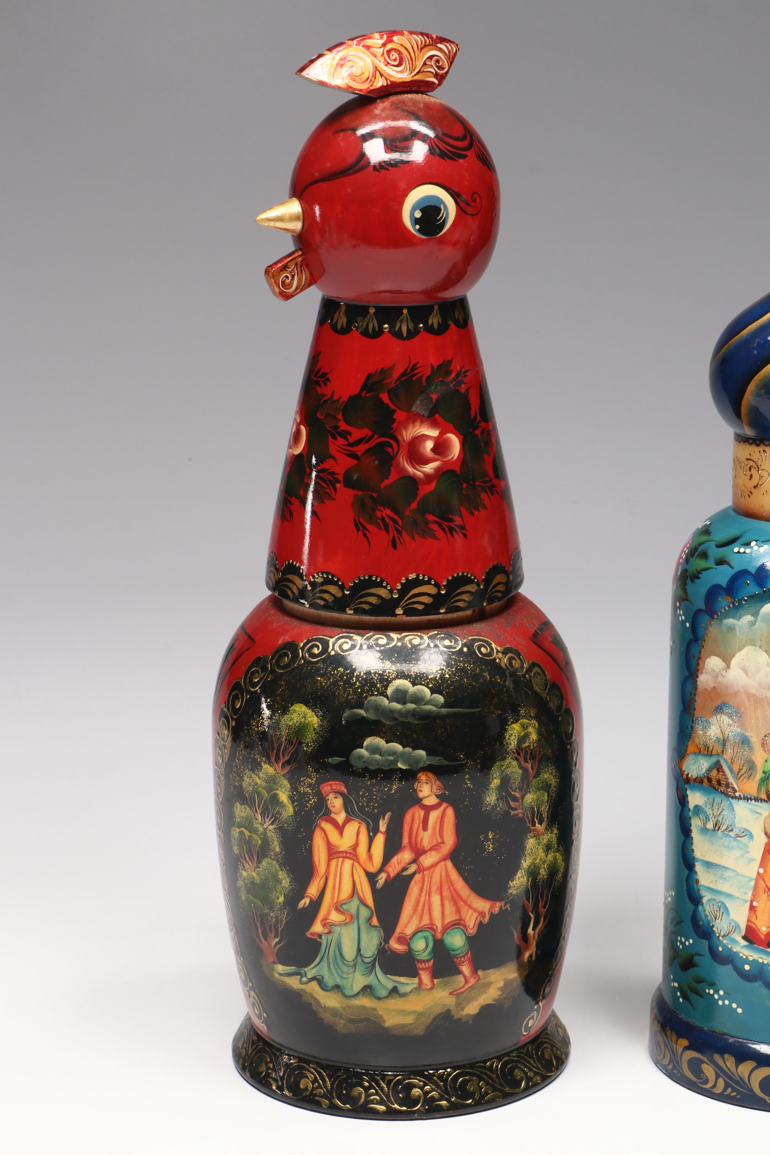 Russian Hand-Painted Folk Art Rooster Wood Bottle Holder with Decorative Bottle