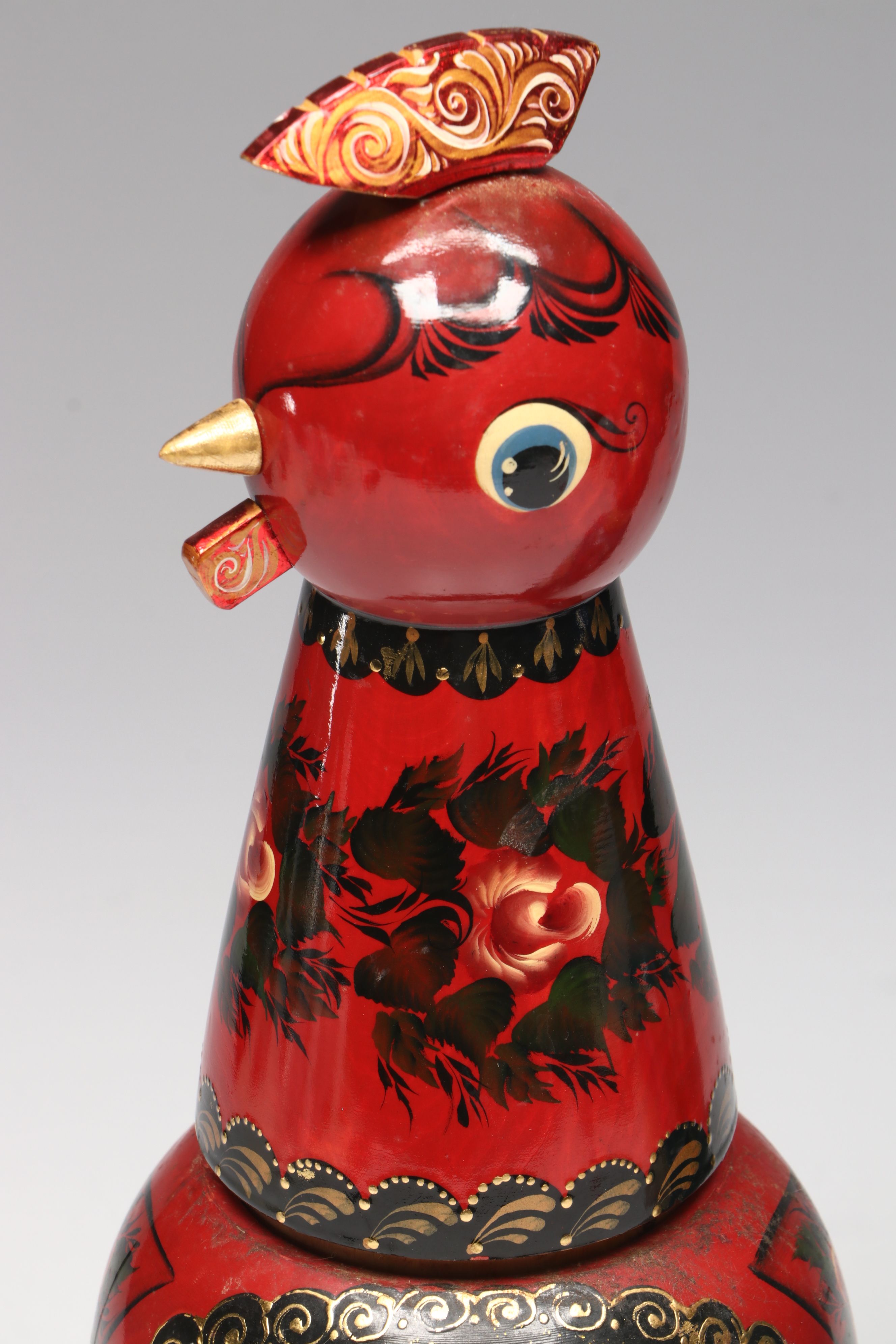 Russian Hand-Painted Folk Art Rooster Wood Bottle Holder with Decorative Bottle