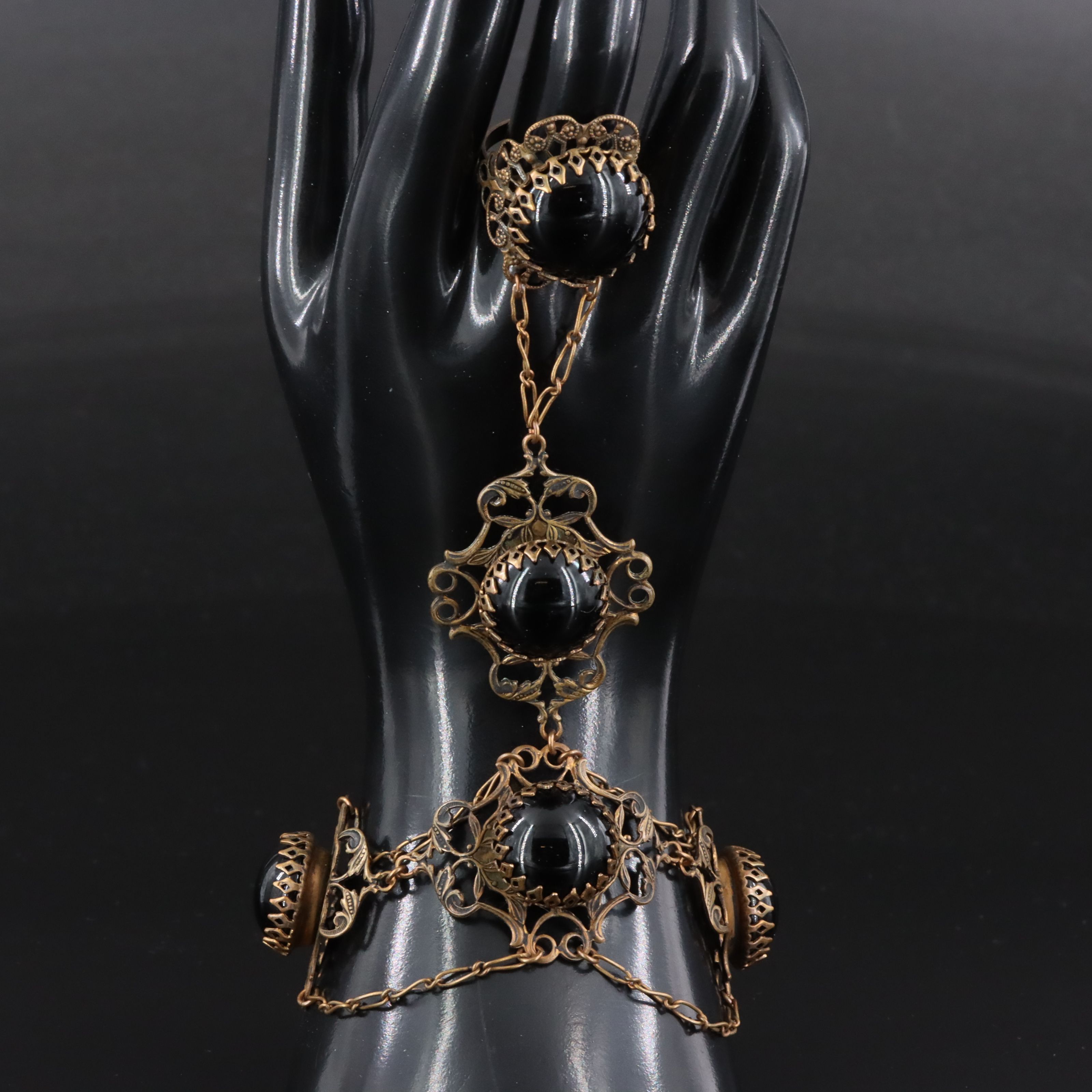 Vintage Black Onyx Hand Chain Bracelet