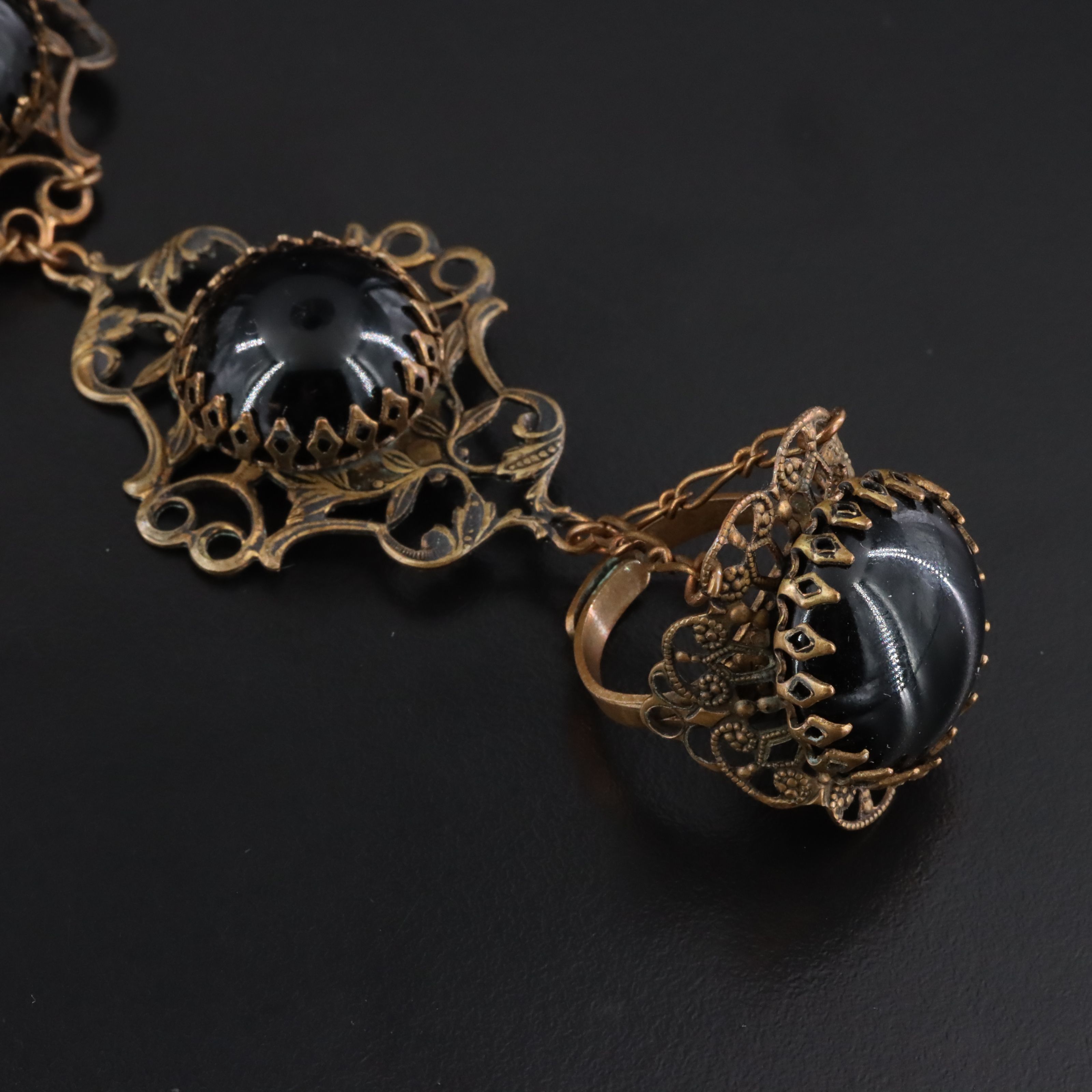 Vintage Black Onyx Hand Chain Bracelet