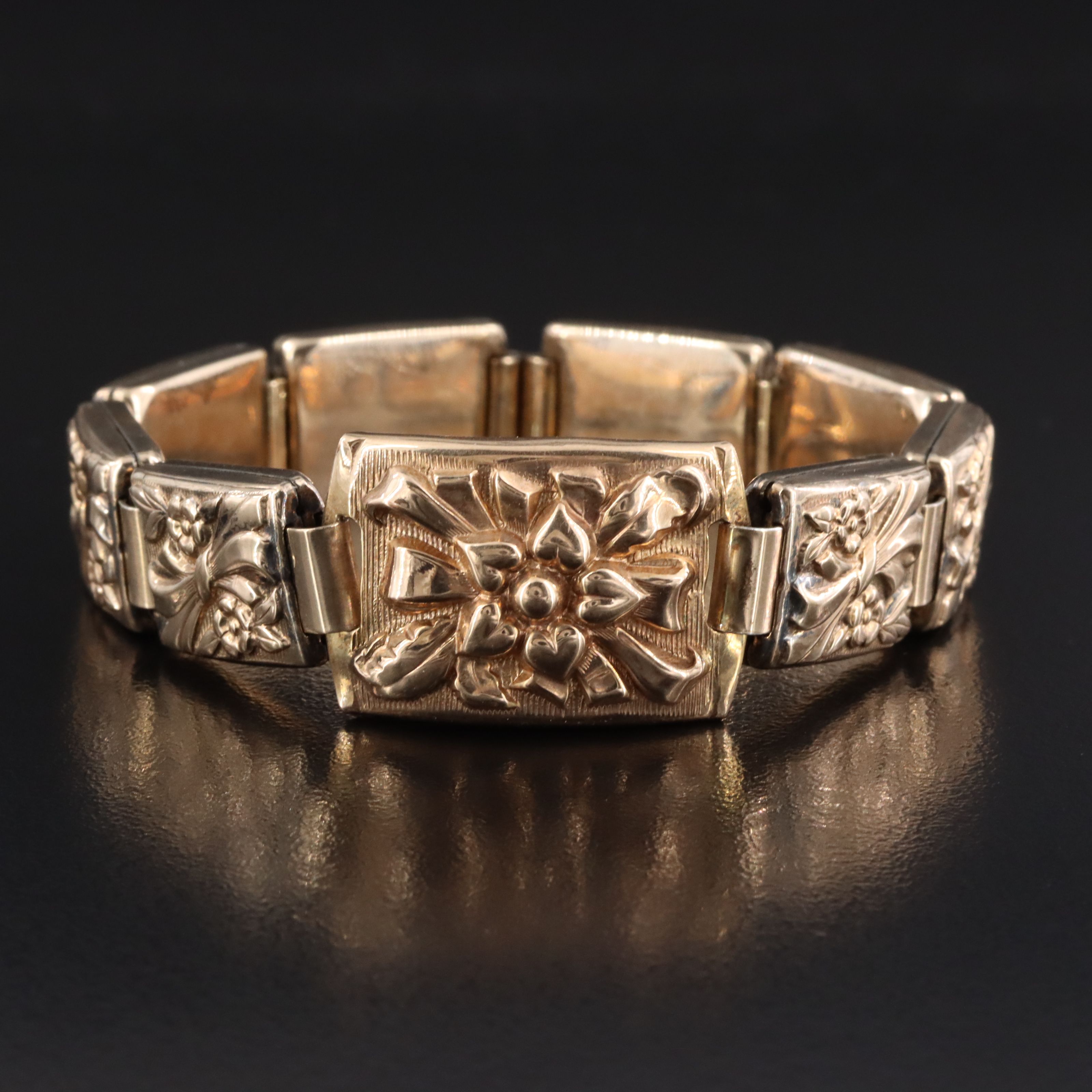 Vintage Gold-Filled Over Sterling Floral Panel Bracelet, 1940s