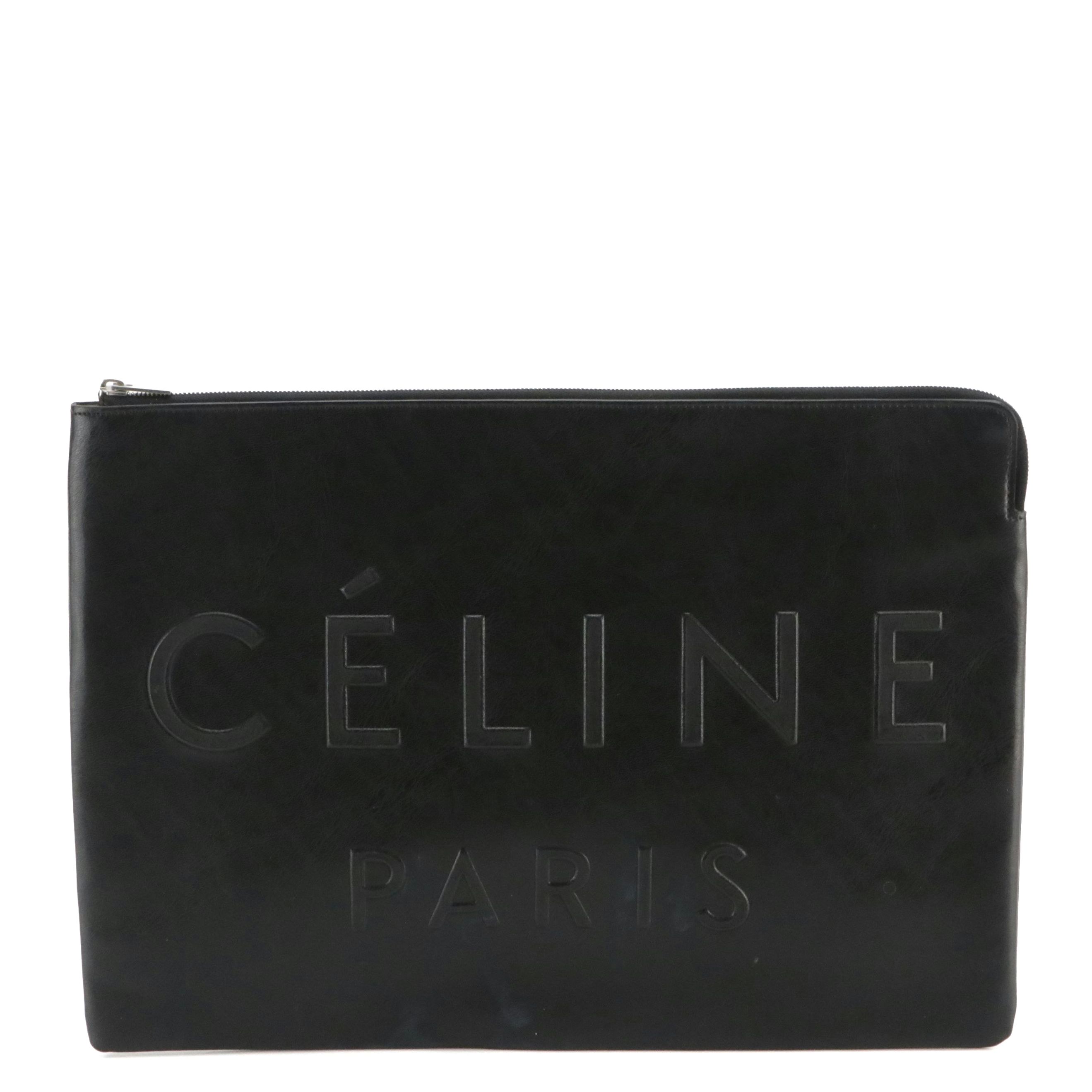 Céline Signature Embossed Black Leather Zip Clutch