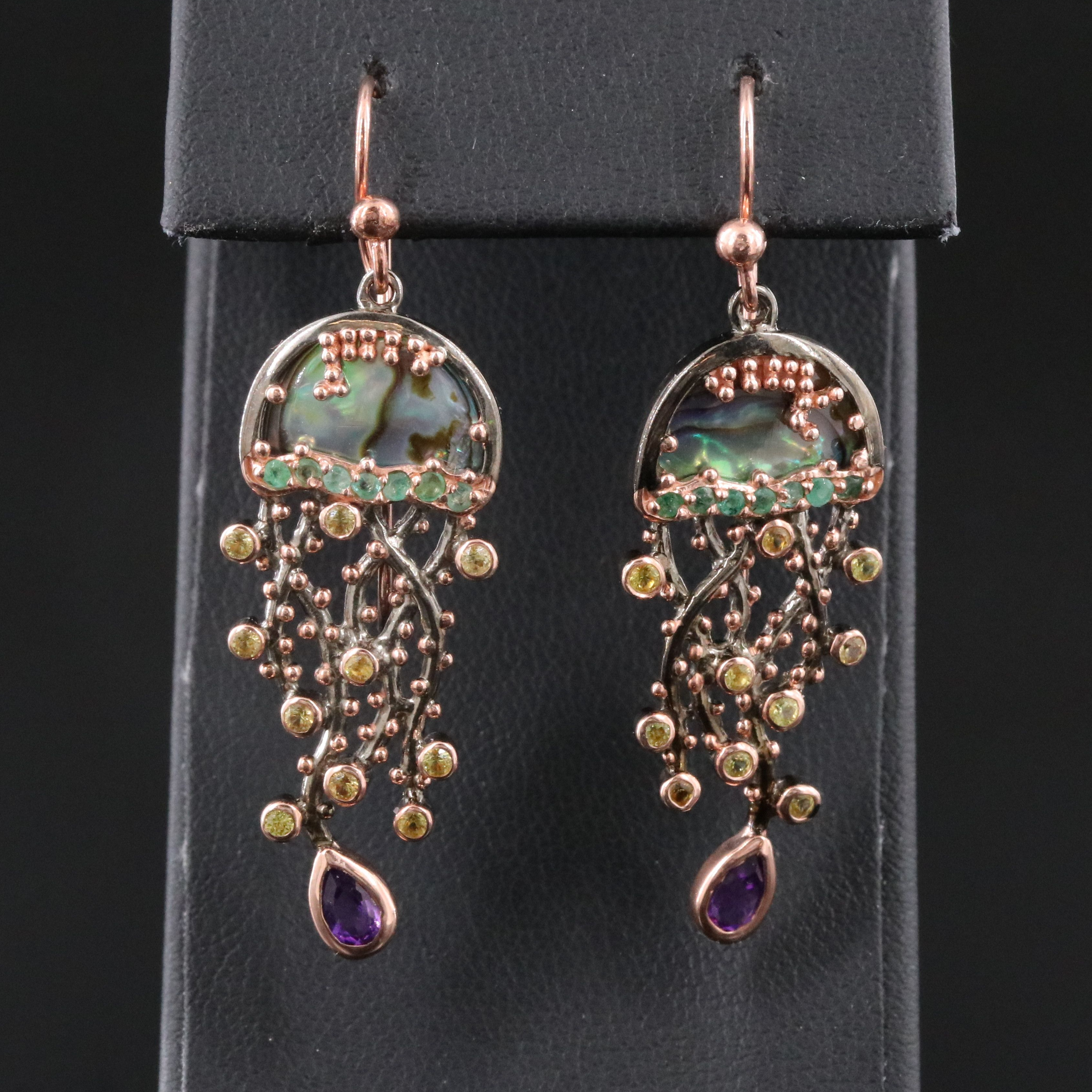 Sterling Jellyfish Earrings Including Abalone, Amethyst and Emerald