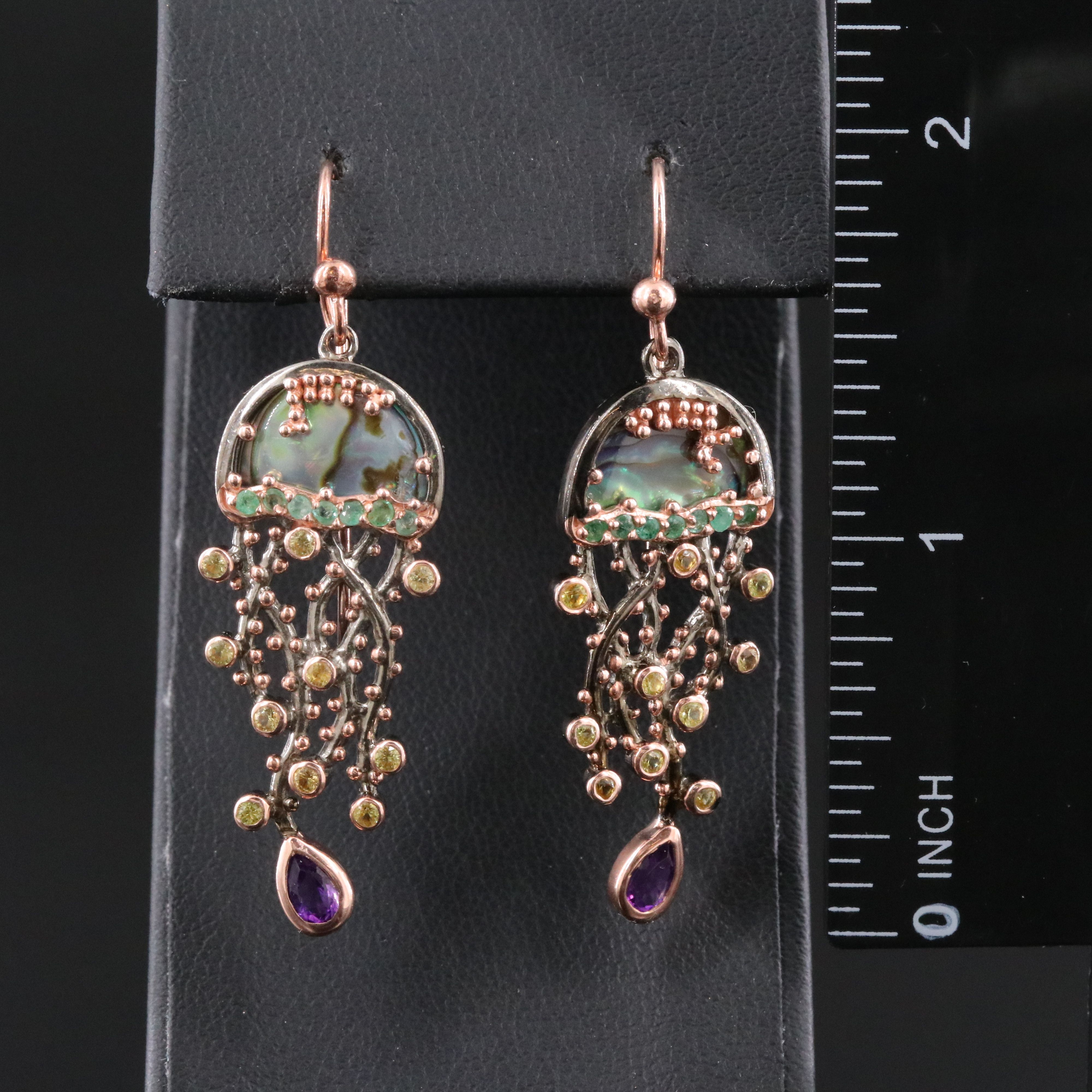 Sterling Jellyfish Earrings Including Abalone, Amethyst and Emerald