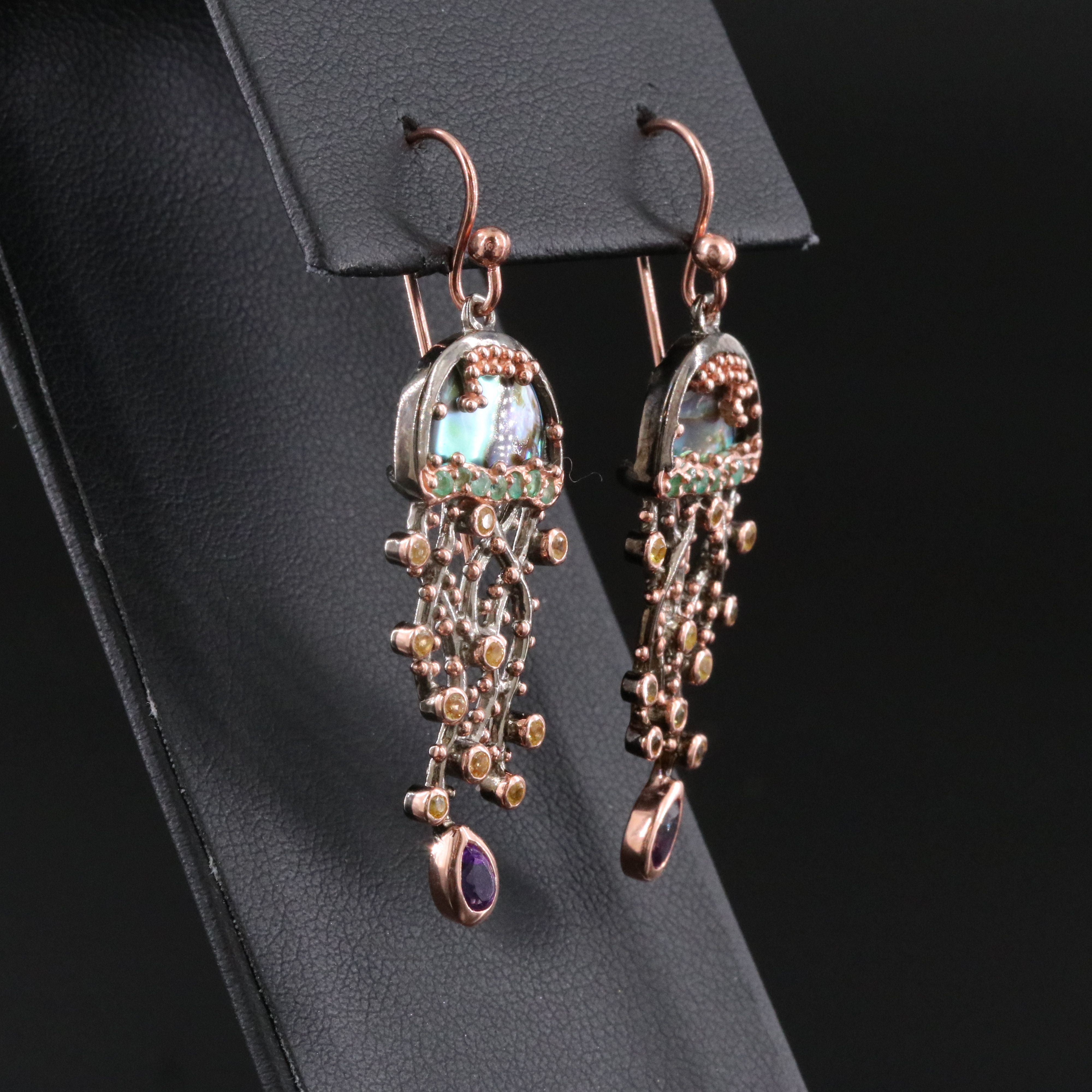 Sterling Jellyfish Earrings Including Abalone, Amethyst and Emerald