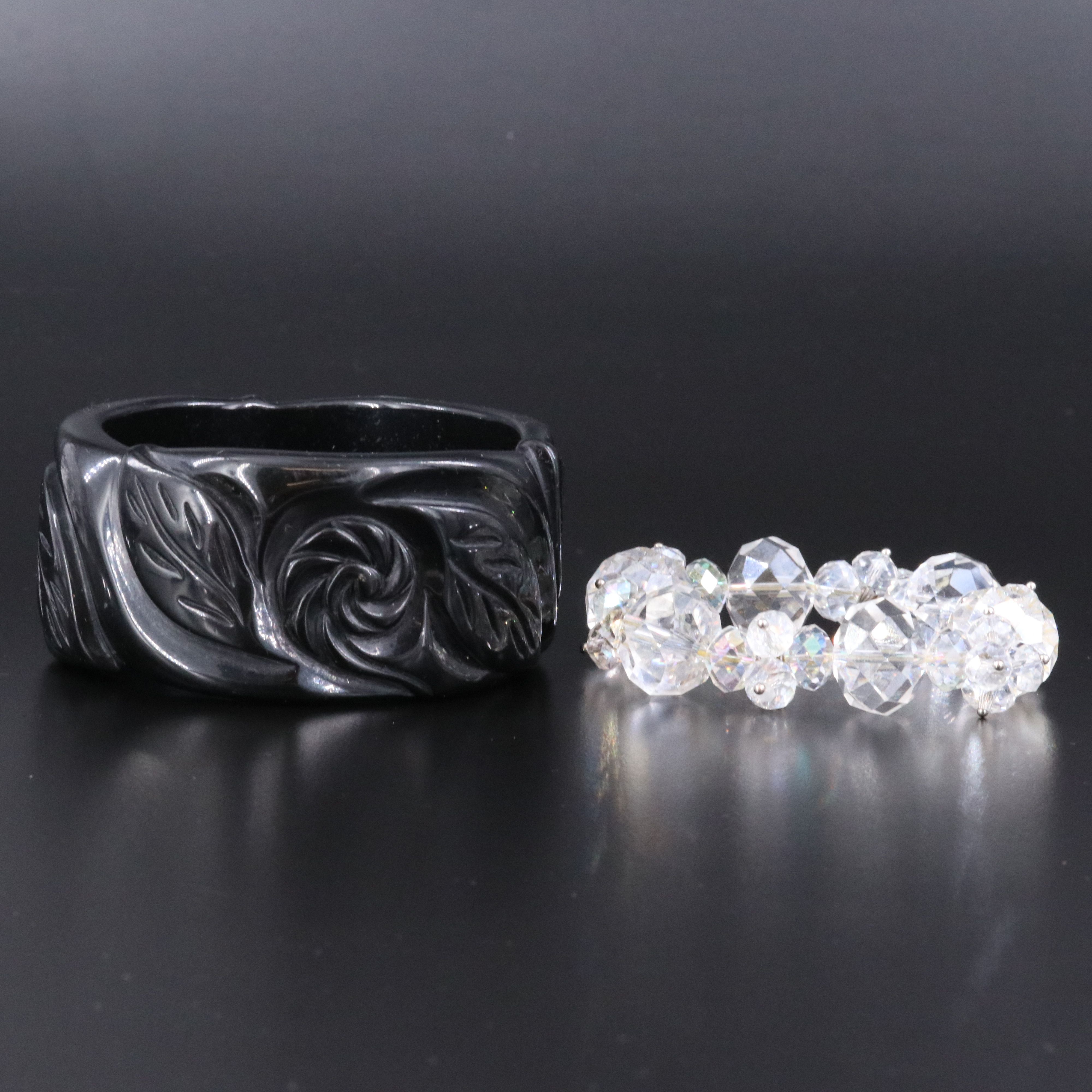 Vintage Lucite and Carved Bangle Featured in Necklace and Bracelet Selection