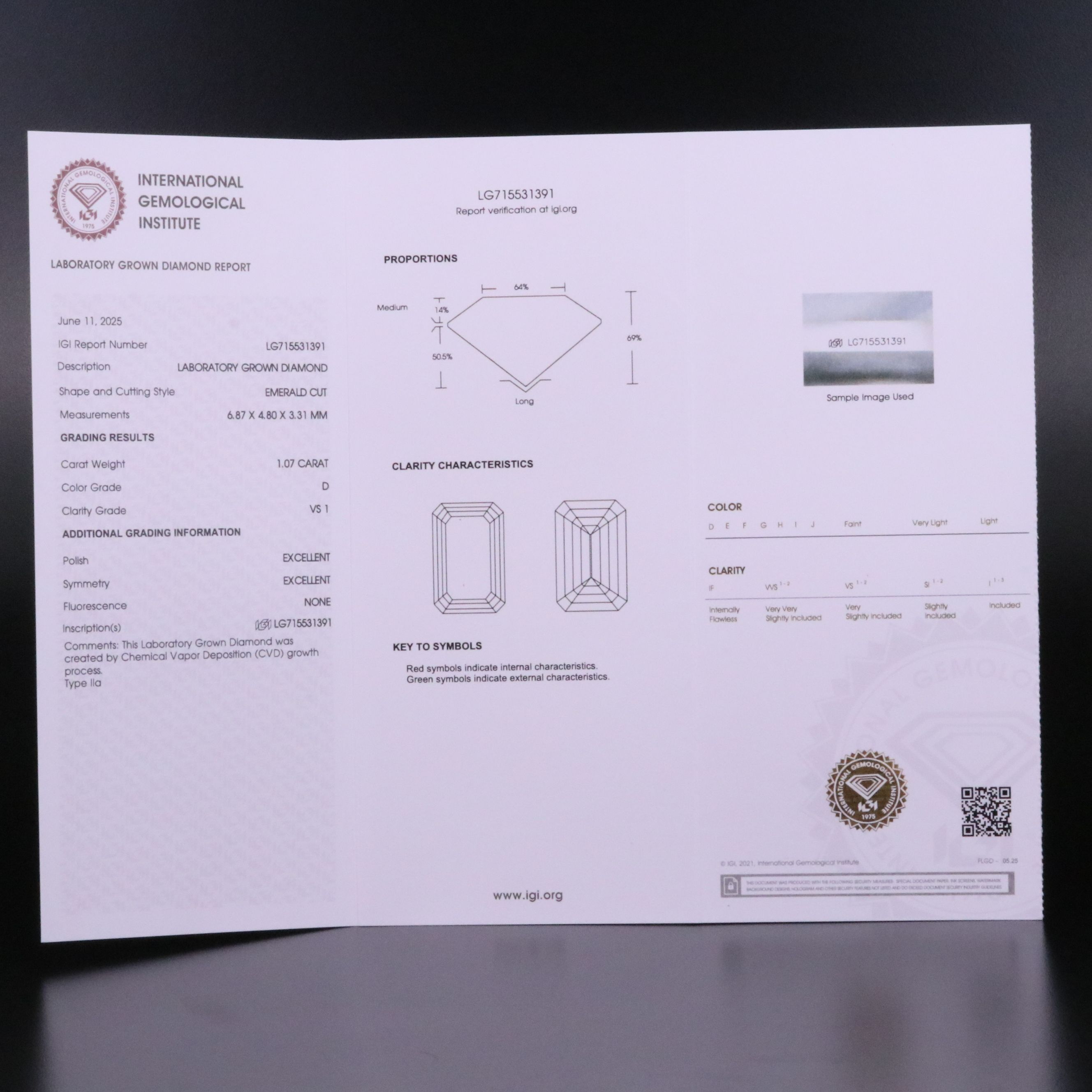 Loose 1.07 CT Lab Grown Diamond with IGI Report
