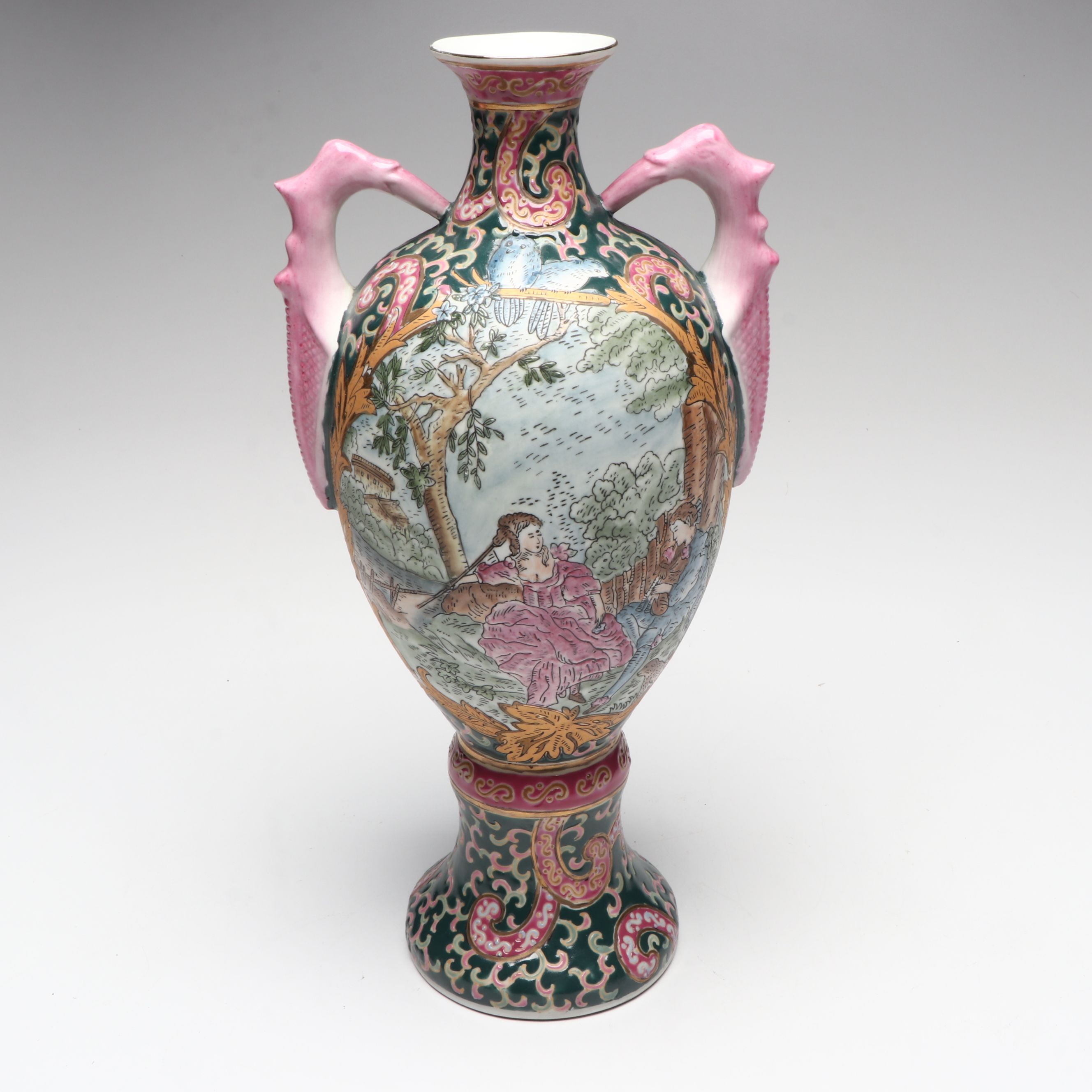 Chinese Republic Period Famille Rose Porcelain Vase, "Lan Caihe", Shiwan Figures