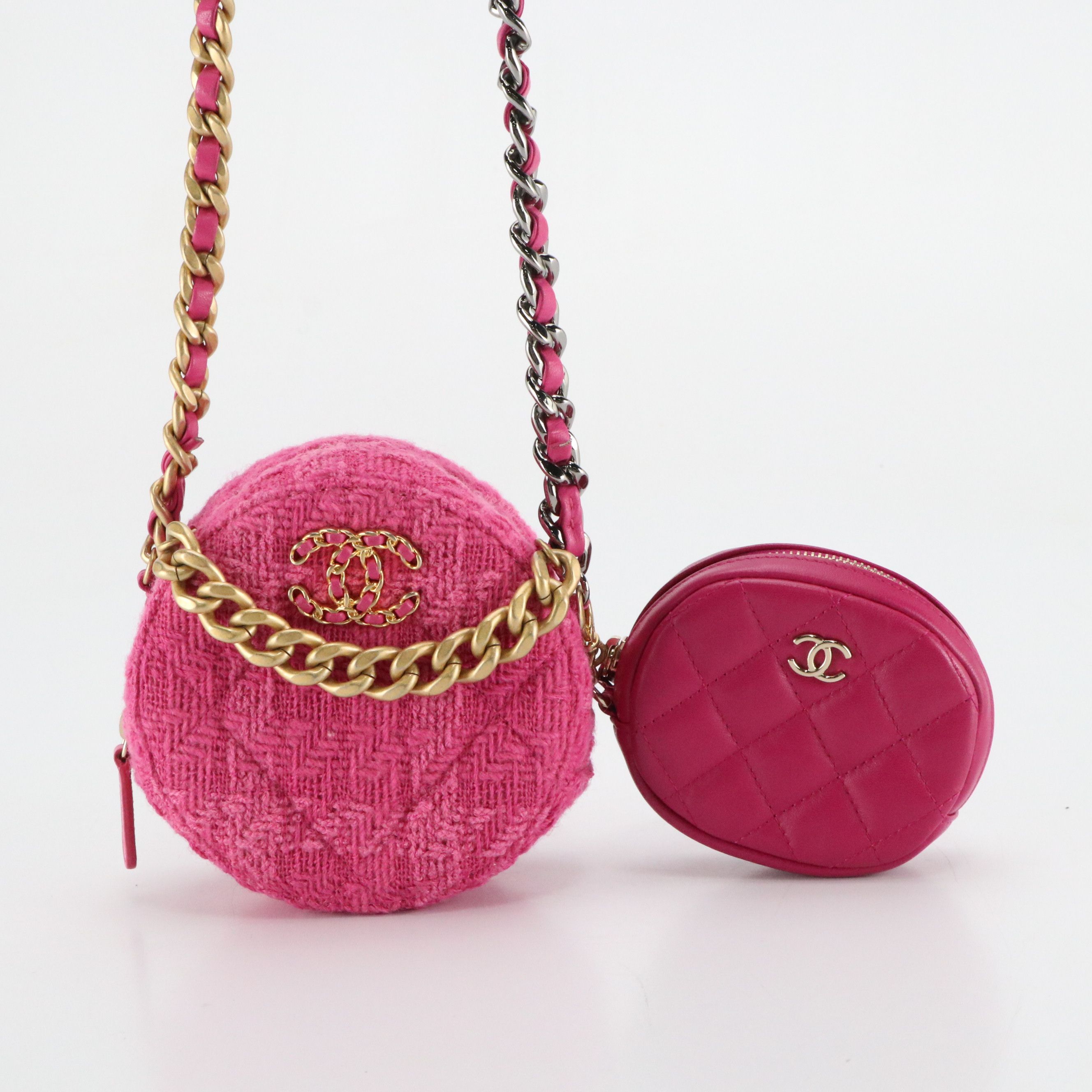 Chanel Round Wool Tweed Clutch with Chain and Lambskin Leather Coin Purse