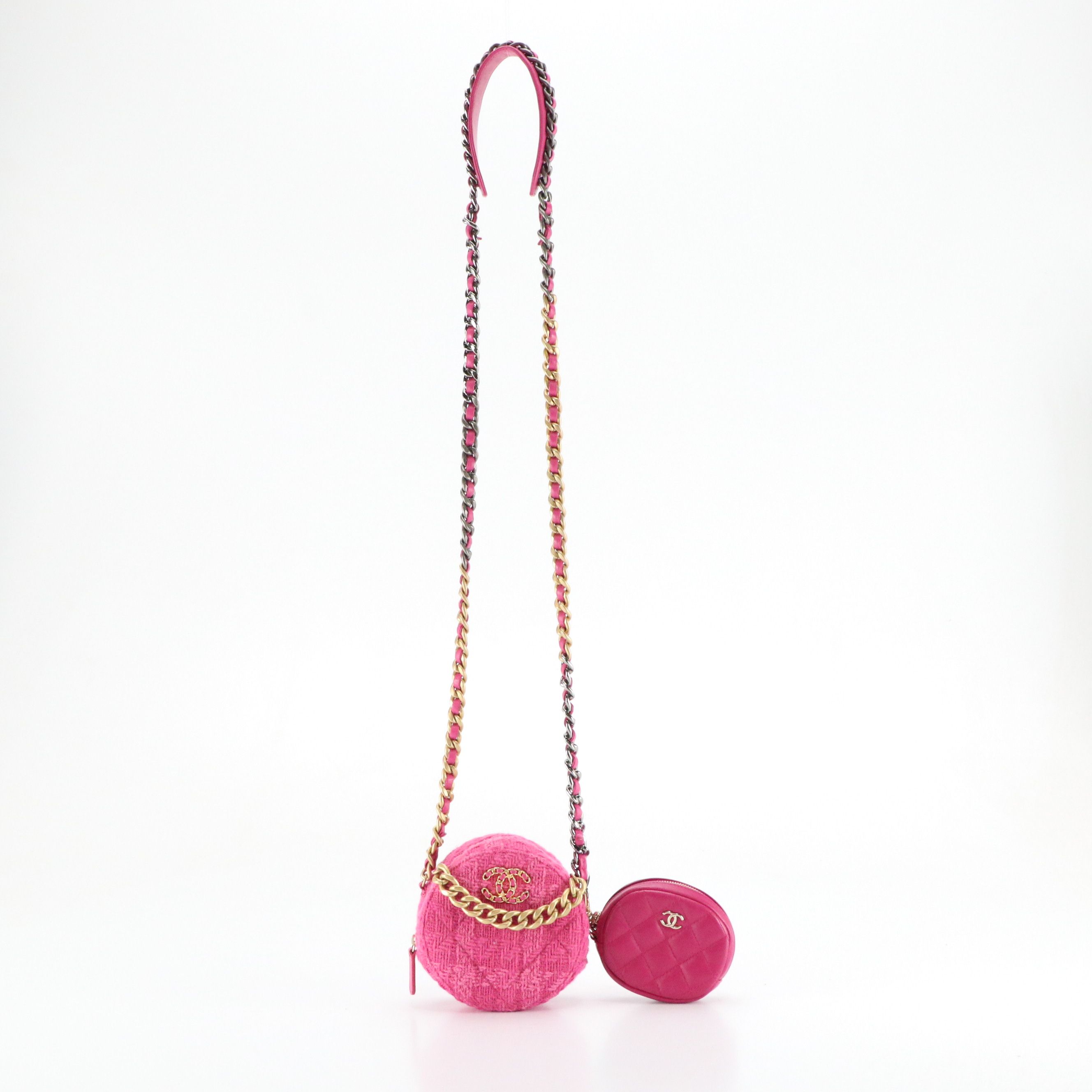 Chanel Round Wool Tweed Clutch with Chain and Lambskin Leather Coin Purse