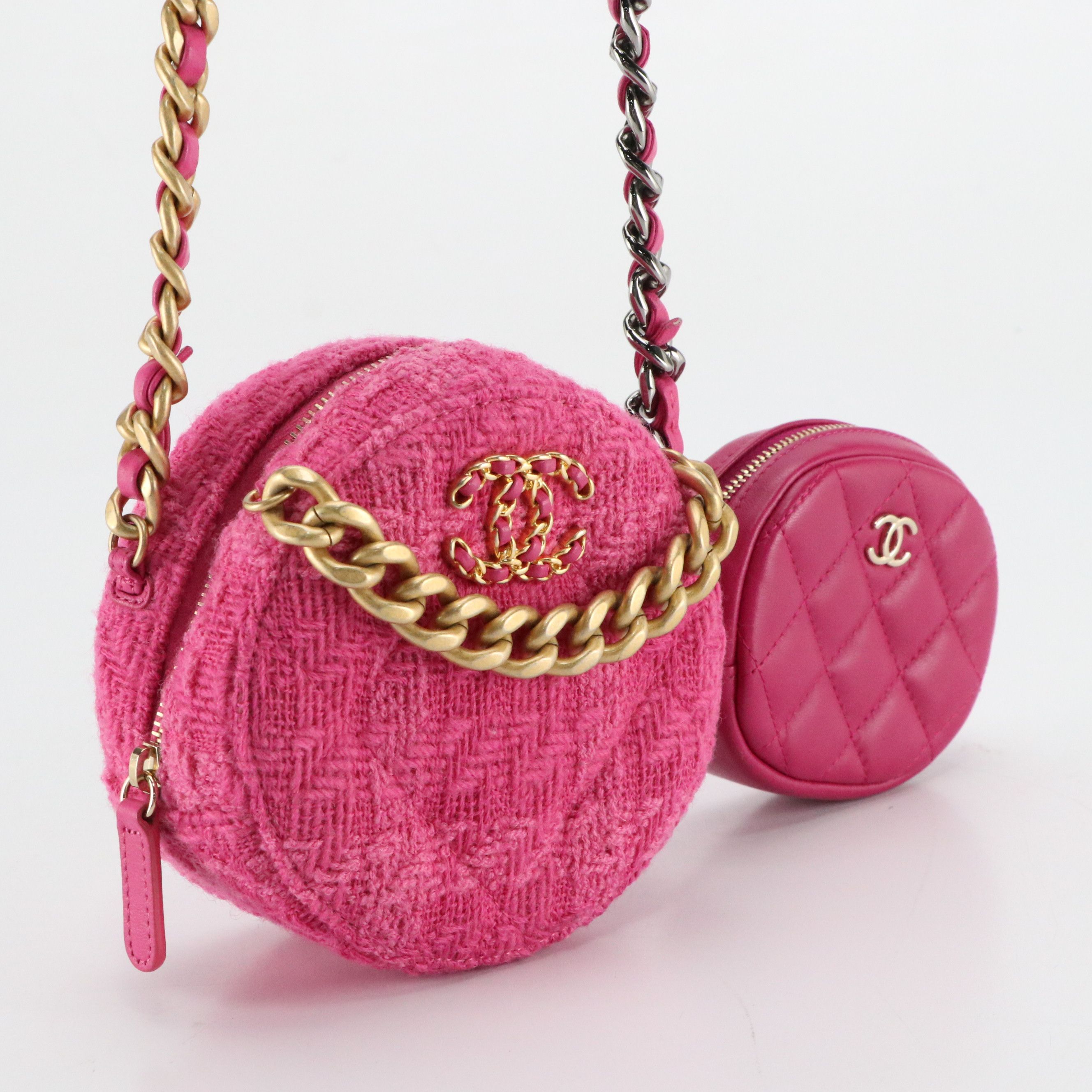 Chanel Round Wool Tweed Clutch with Chain and Lambskin Leather Coin Purse