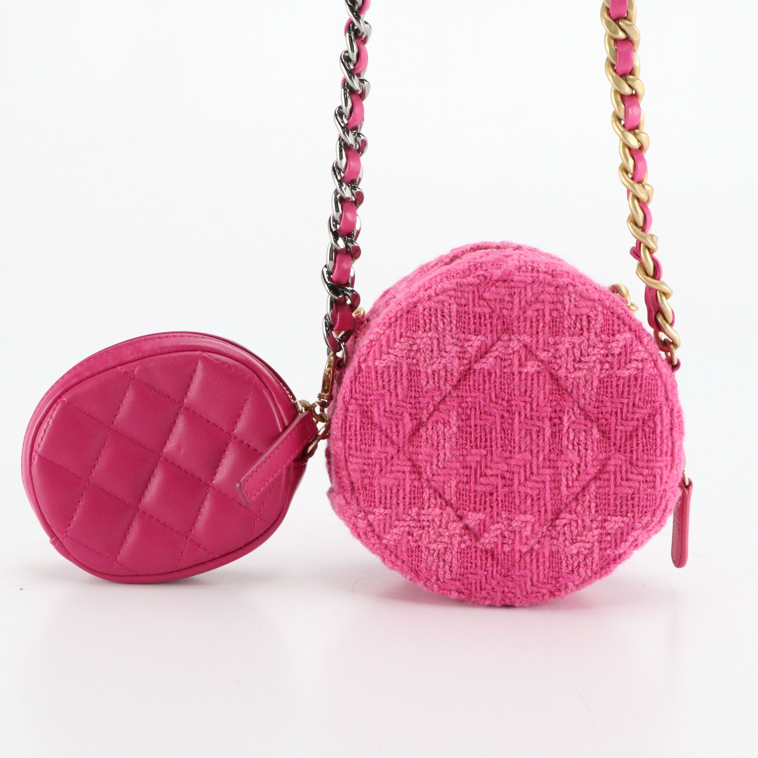 Chanel Round Wool Tweed Clutch with Chain and Lambskin Leather Coin Purse