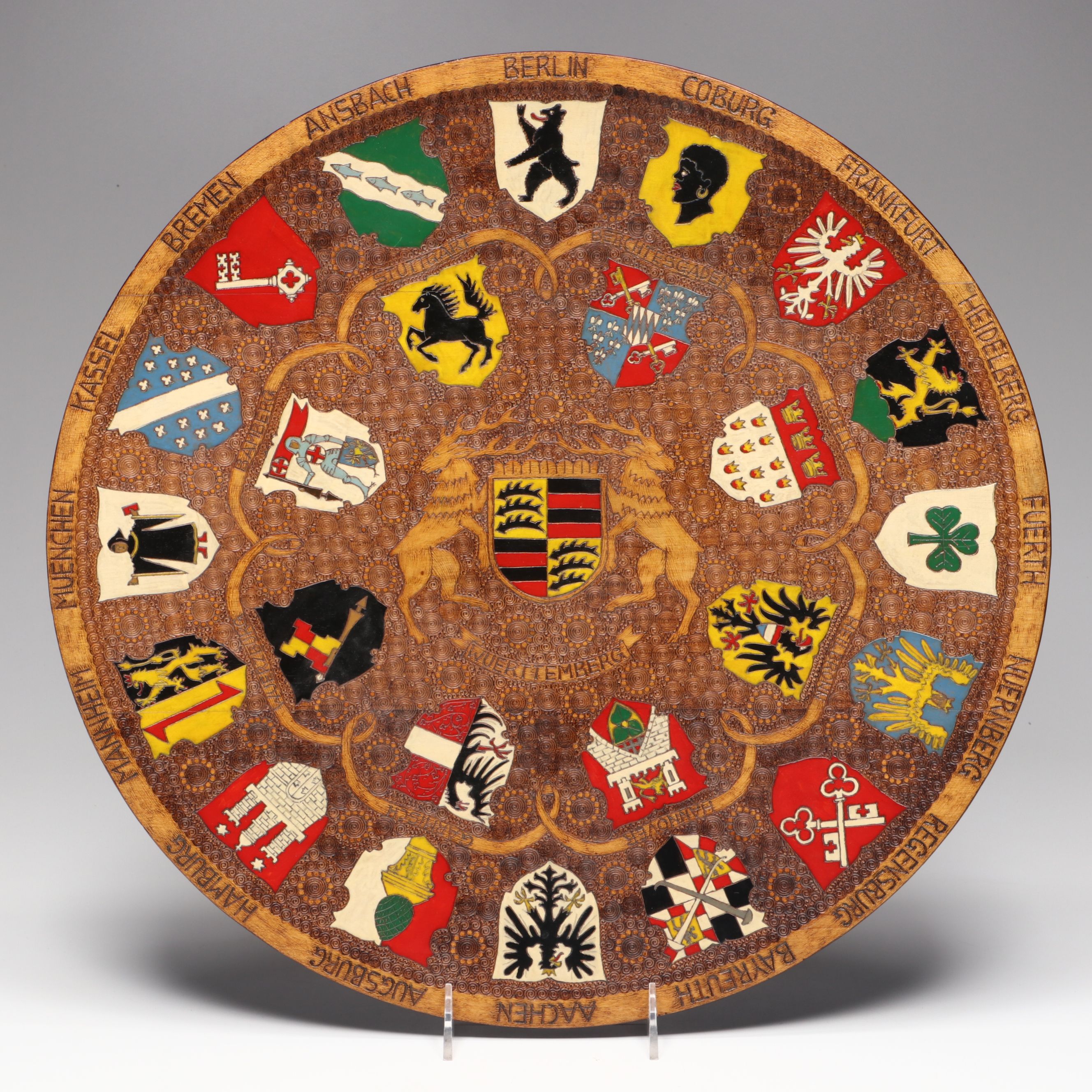 German City Crest Hand-Carved Wood Charger