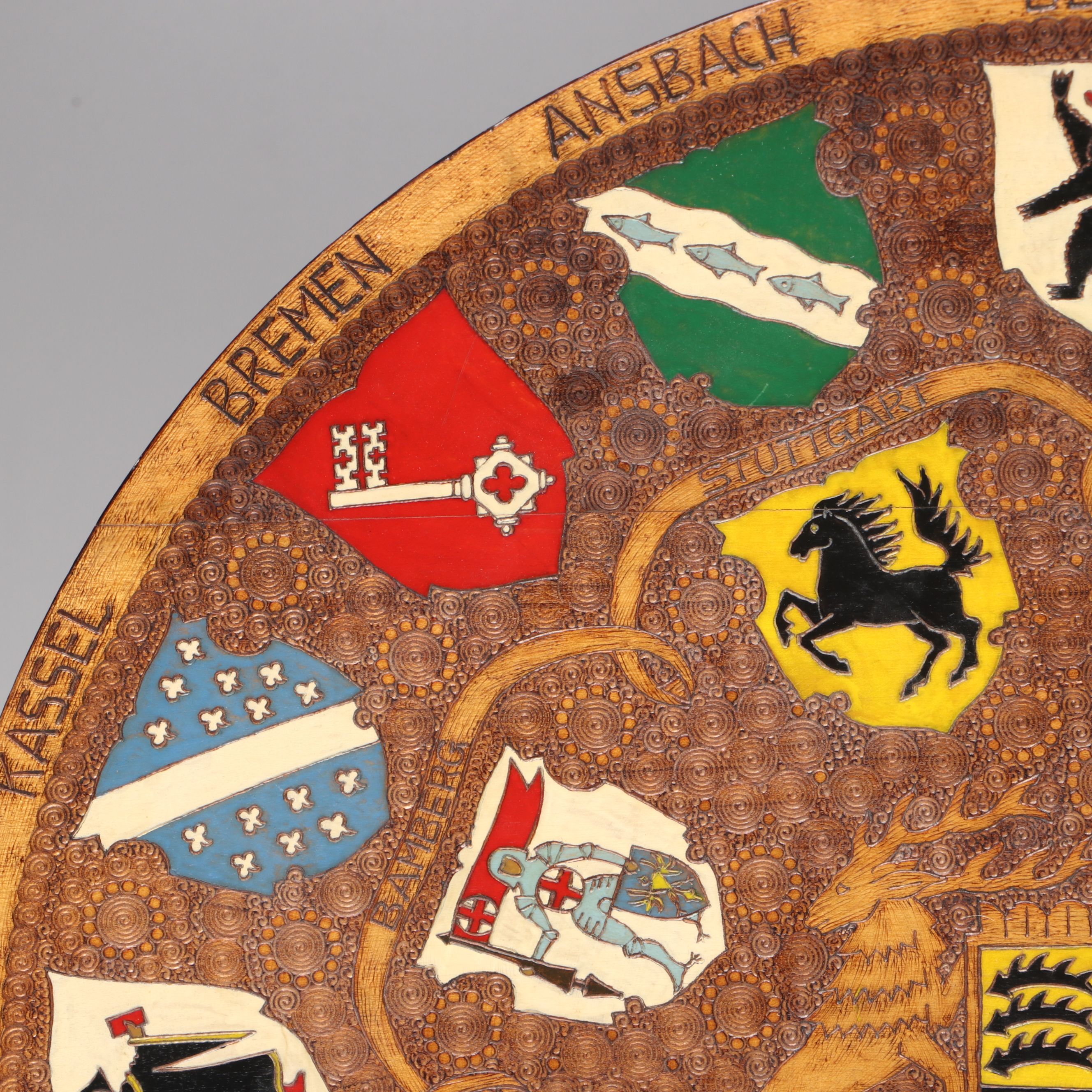 German City Crest Hand-Carved Wood Charger