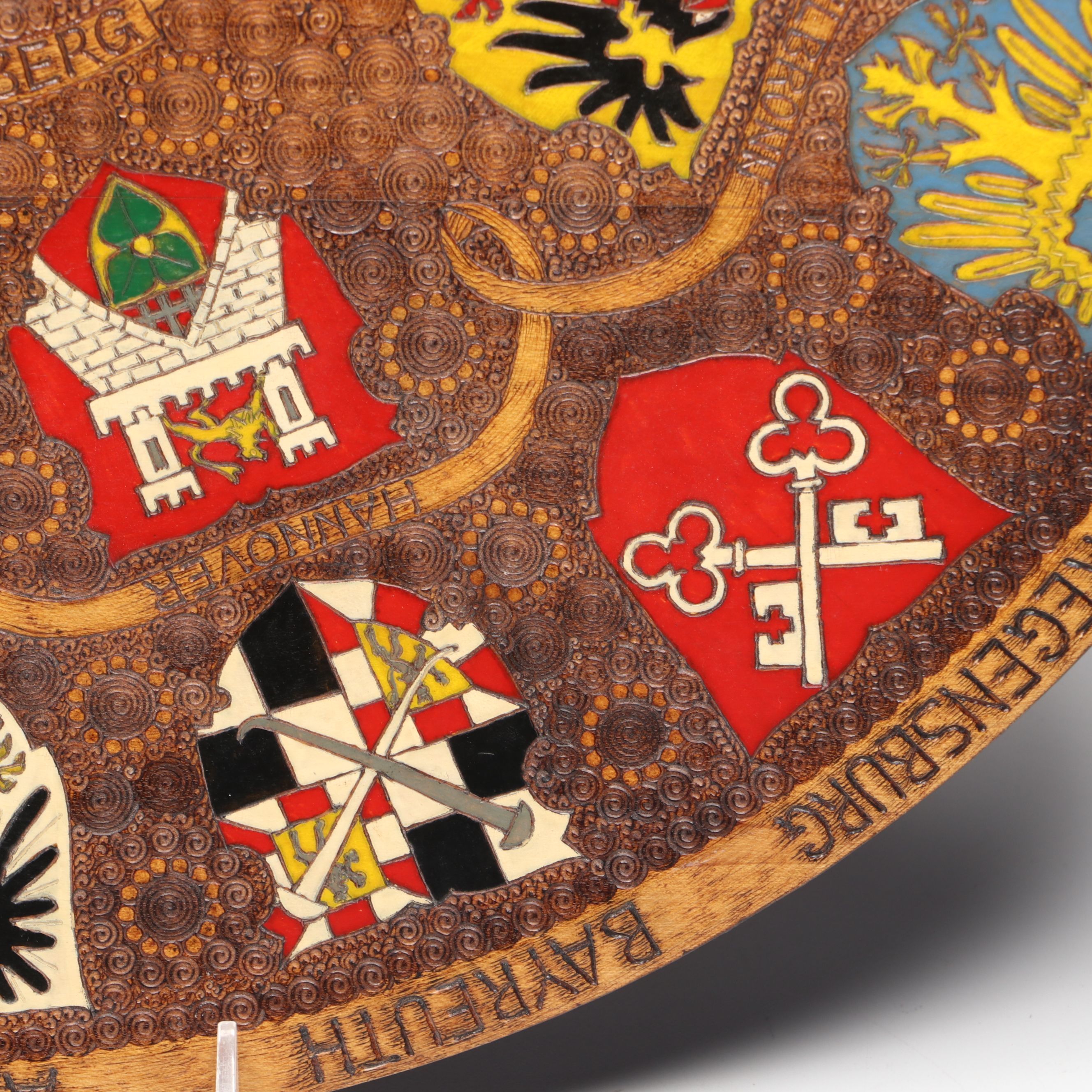 German City Crest Hand-Carved Wood Charger
