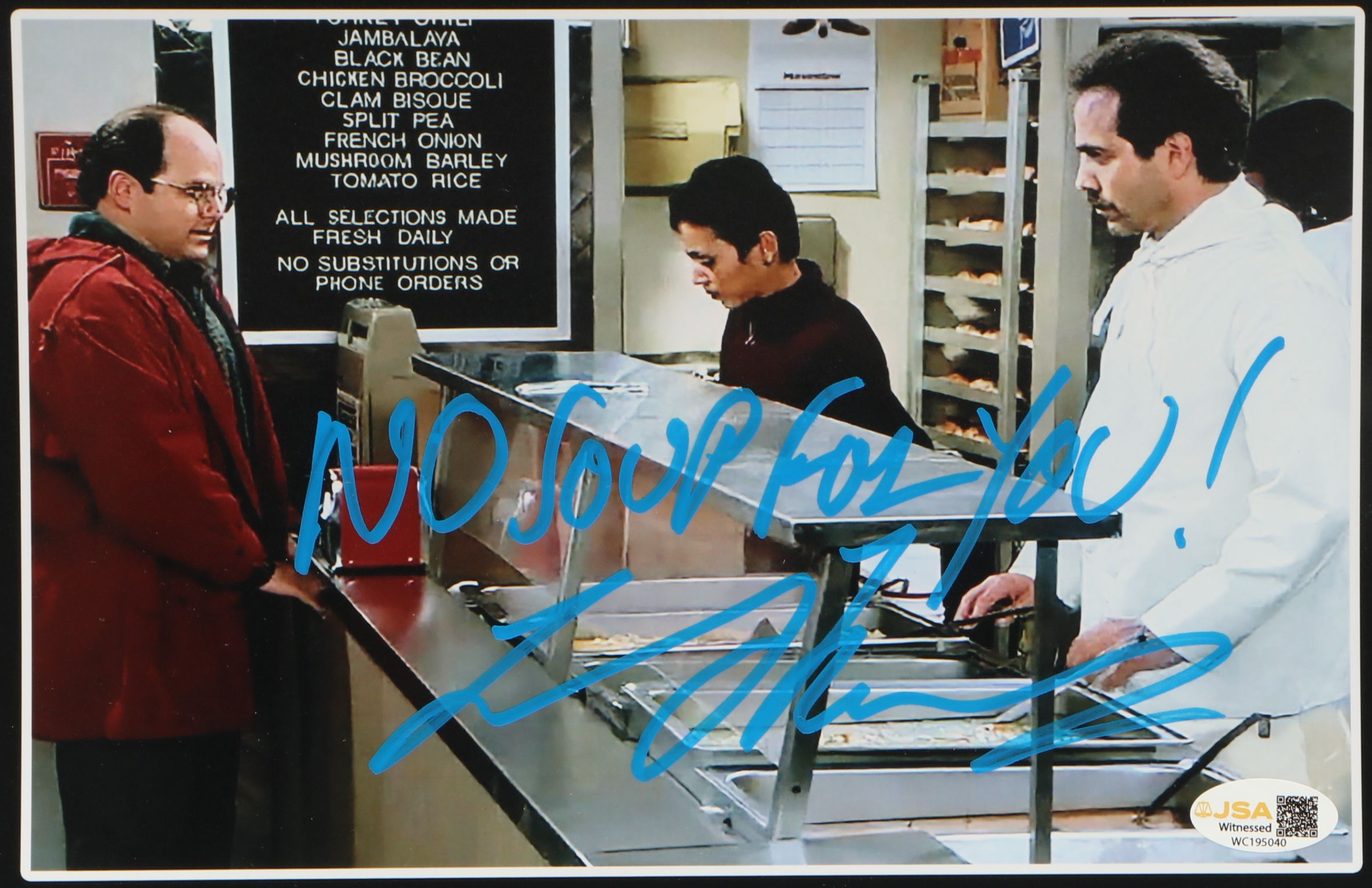 Larry Thomas Signed "No Soup For You!" Photo Print with Cards, JSA Witnessed